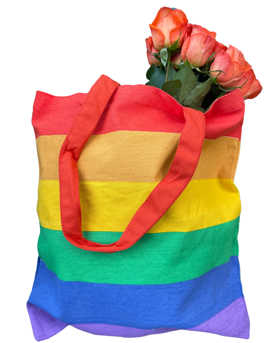Umweltfreundliche Regenbogentasche aus recycelter Baumwolle.