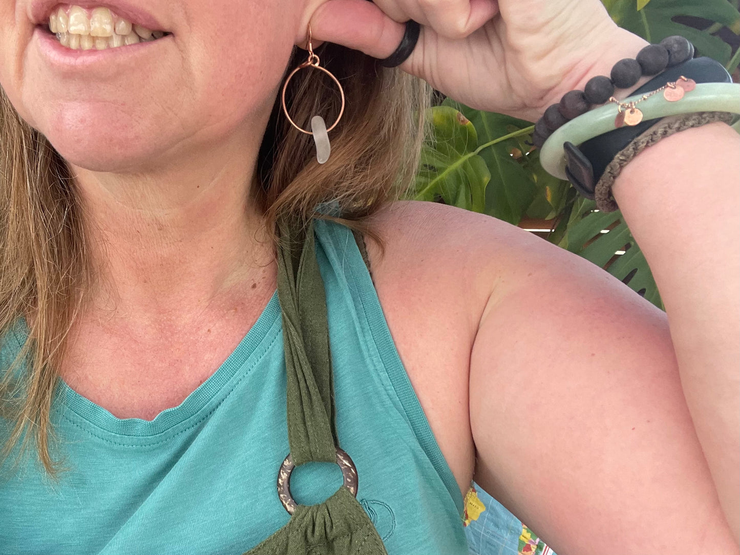 Eco friendly white sea glass and recycled copper earrings. Unique earrings, ethical jewellery, unusual boho jewellery, sea glass jewellery.