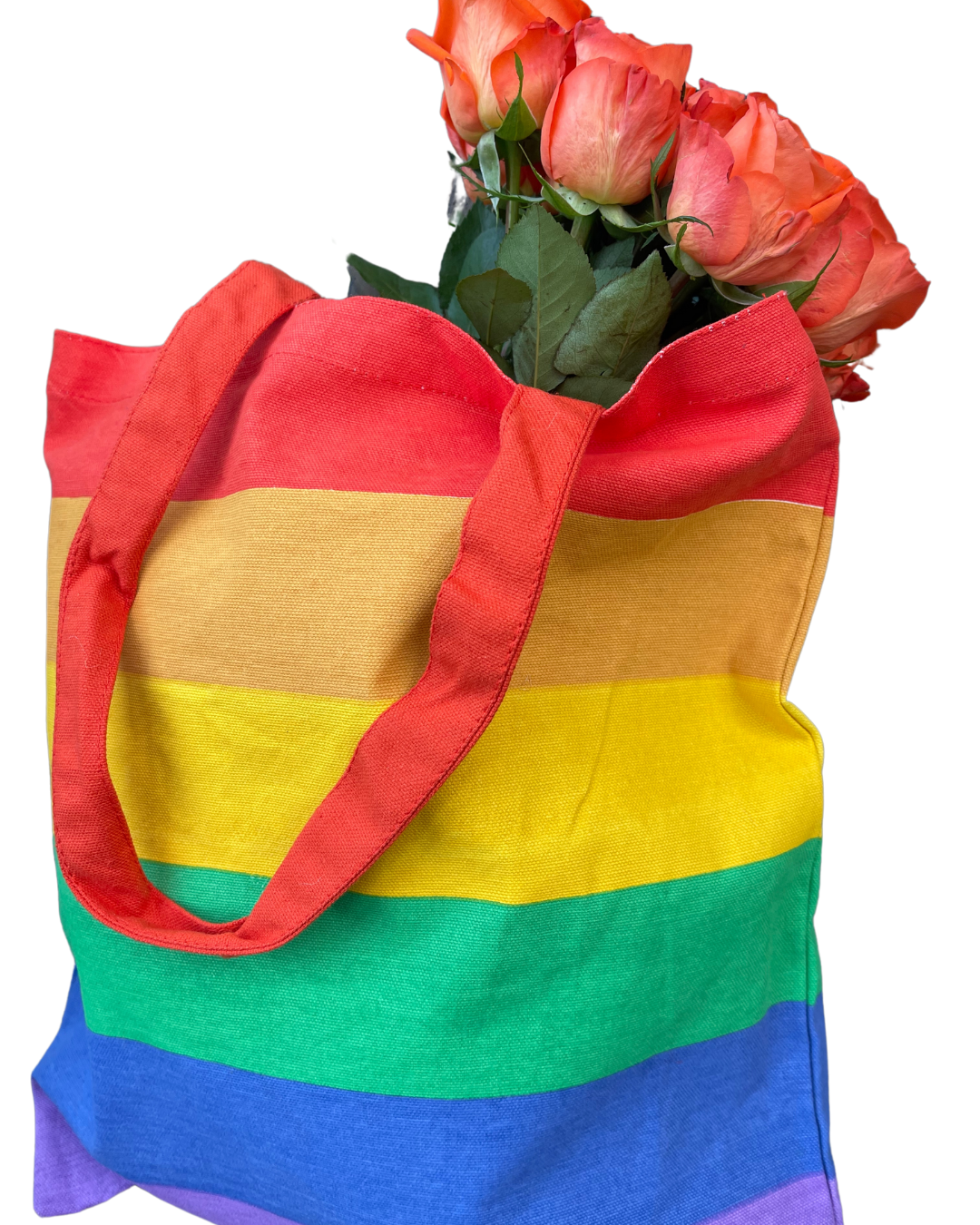 Umweltfreundliche Regenbogentasche aus recycelter Baumwolle.