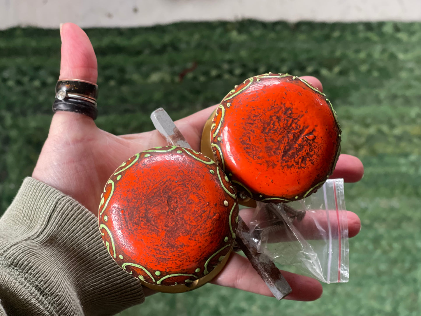 Vintage door knob’s. Set of 2. Orange door handles. Indian vintage home furnishings. Unique door knobs.