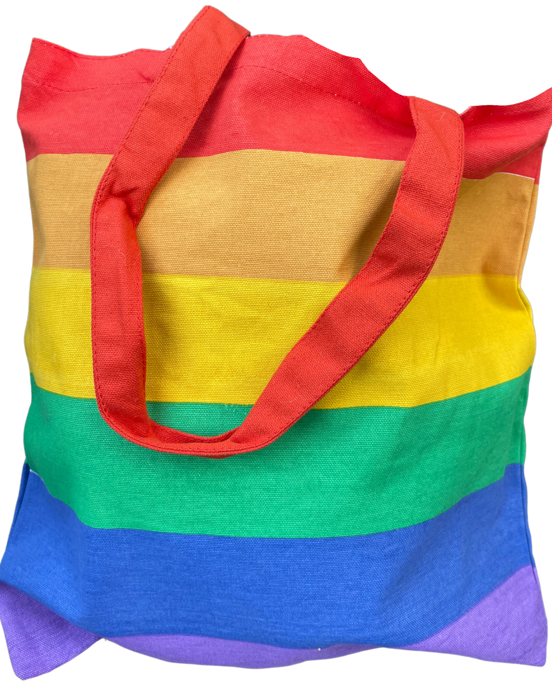 Umweltfreundliche Regenbogentasche aus recycelter Baumwolle.