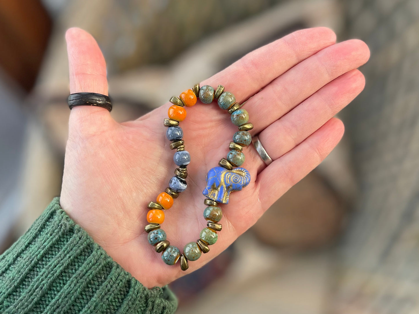 Elephant bracelet, elephant jewellery, boho bracelet, Hippy bracelet, gift for her, green bracelet, handmade bracelet, elephant bangle