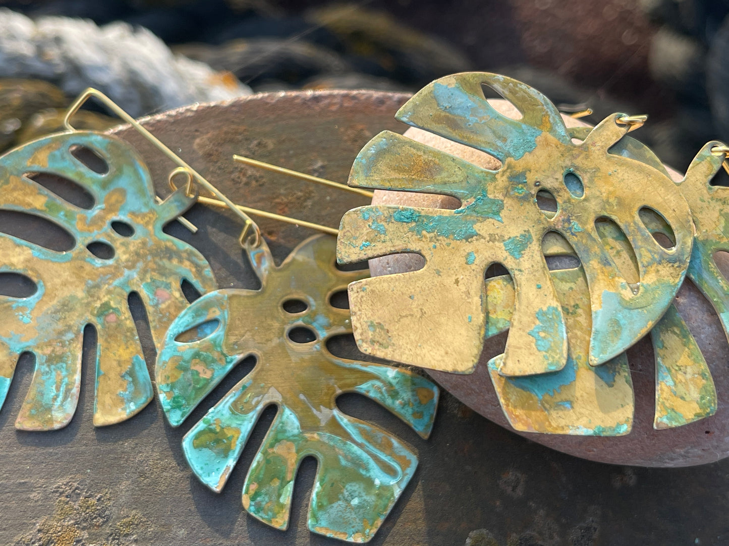 Handmade leaf earrings. Rustic earrings, unusual earrings, unusual gift for her, blue earrings, boho earrings, large statement earrings.