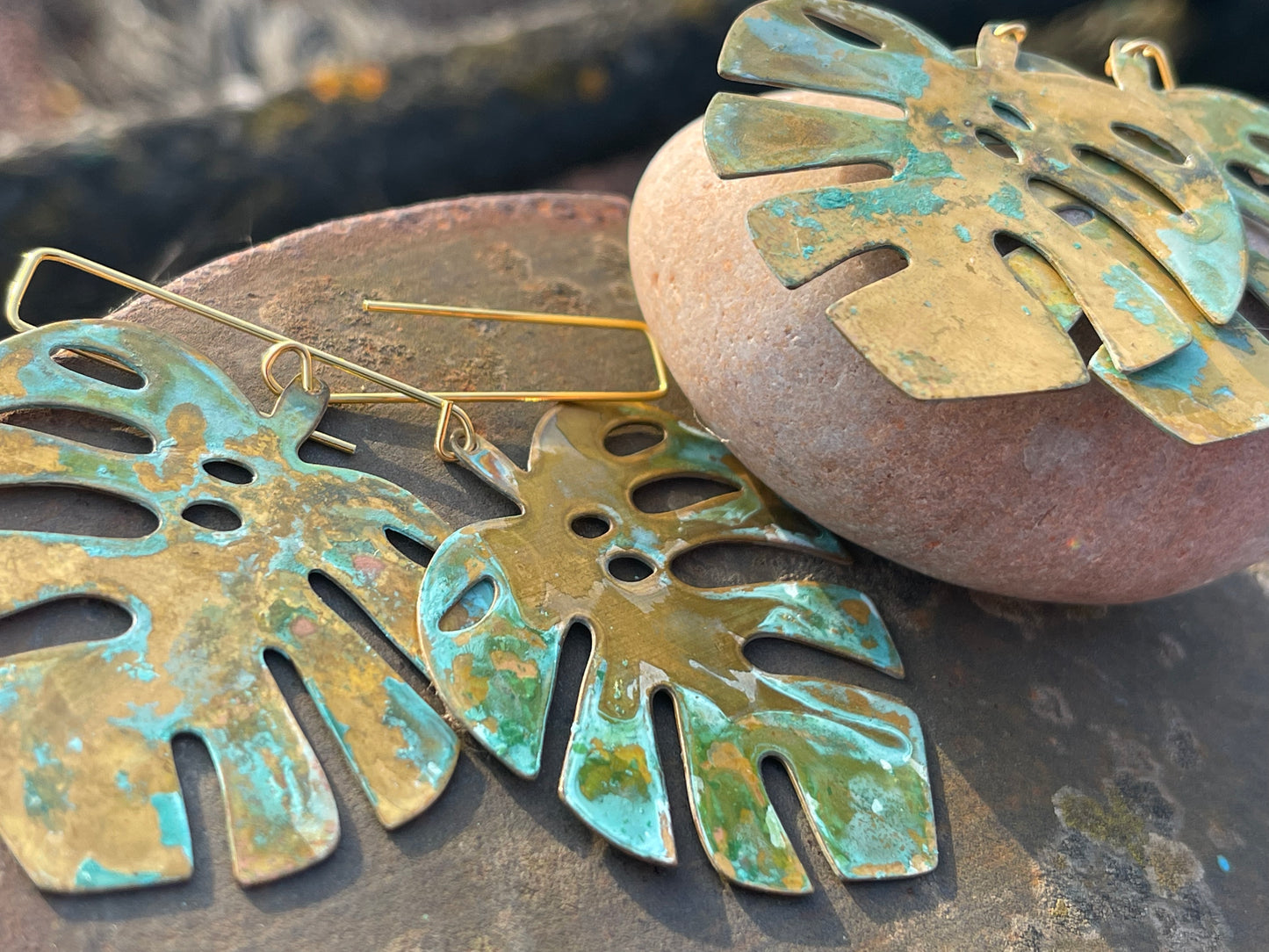 Handmade leaf earrings. Rustic earrings, unusual earrings, unusual gift for her, blue earrings, boho earrings, large statement earrings.