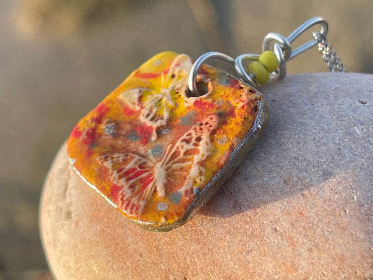 Handmade Butterfly Necklace, Unique Boho Jewellery. Yellow Ceramic Pendant