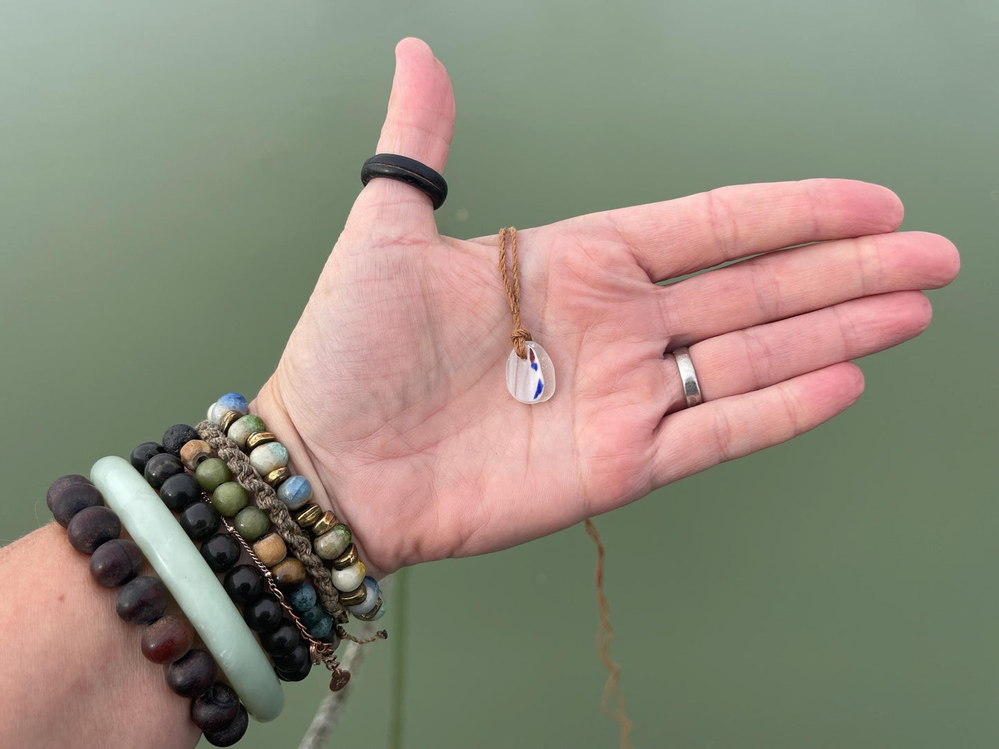 Unusual sea glass necklace. Recycled necklace, gift for him. Ethical jewellery. Sea glass pendant. Eco friendly necklace, eco jewellery