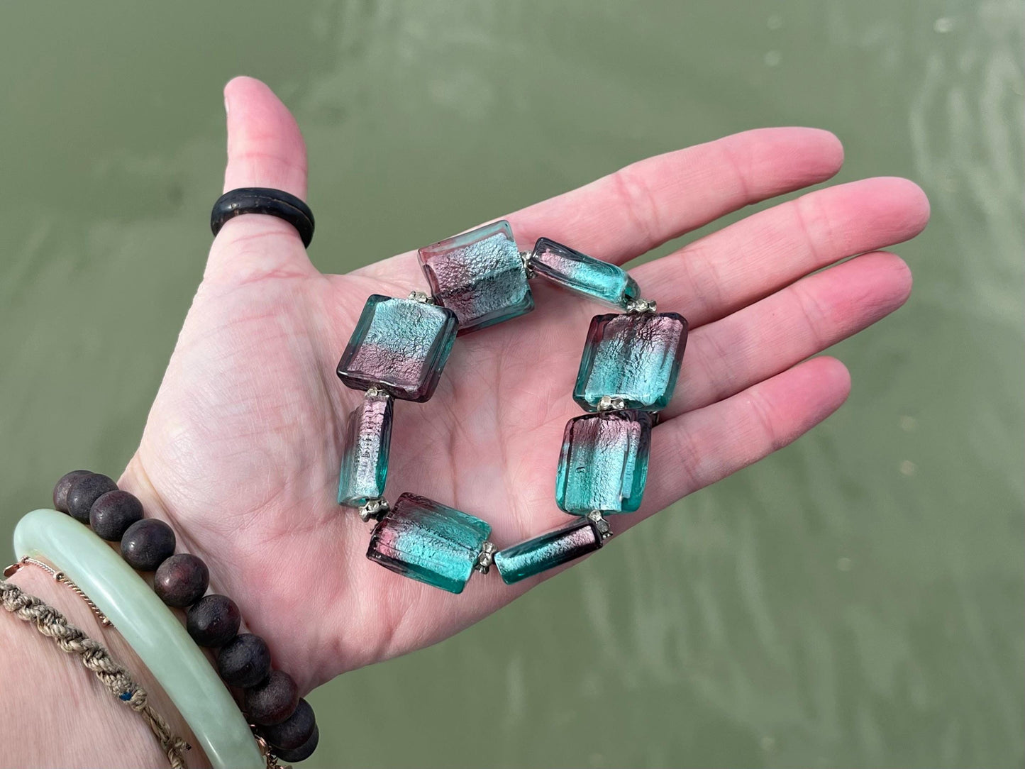 Vintage glass bracelet. handmade beaded glass bracelet, blue braclet, unusual bracelet, boho bracelet, vintage jewellery, vintage bracelet.
