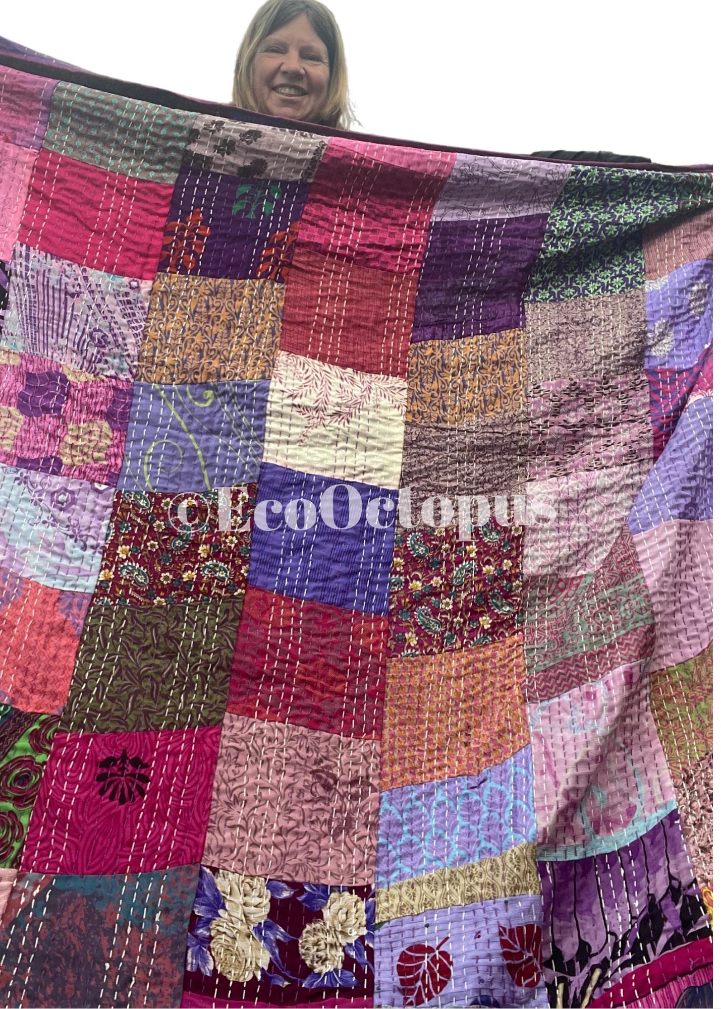 KING SIZE Purple themed bedspread made from vintage fabrics. Stunning patchwork bed throw. Very large bed throw. Large sofa throw.