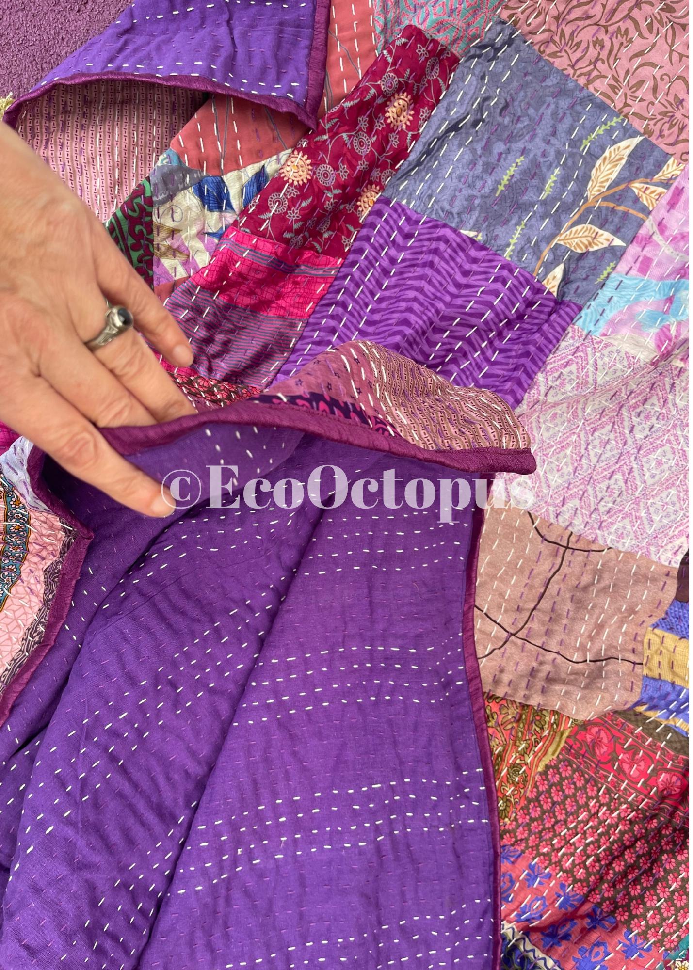 KING SIZE Purple themed bedspread made from vintage fabrics. Stunning patchwork bed throw. Very large bed throw. Large sofa throw.