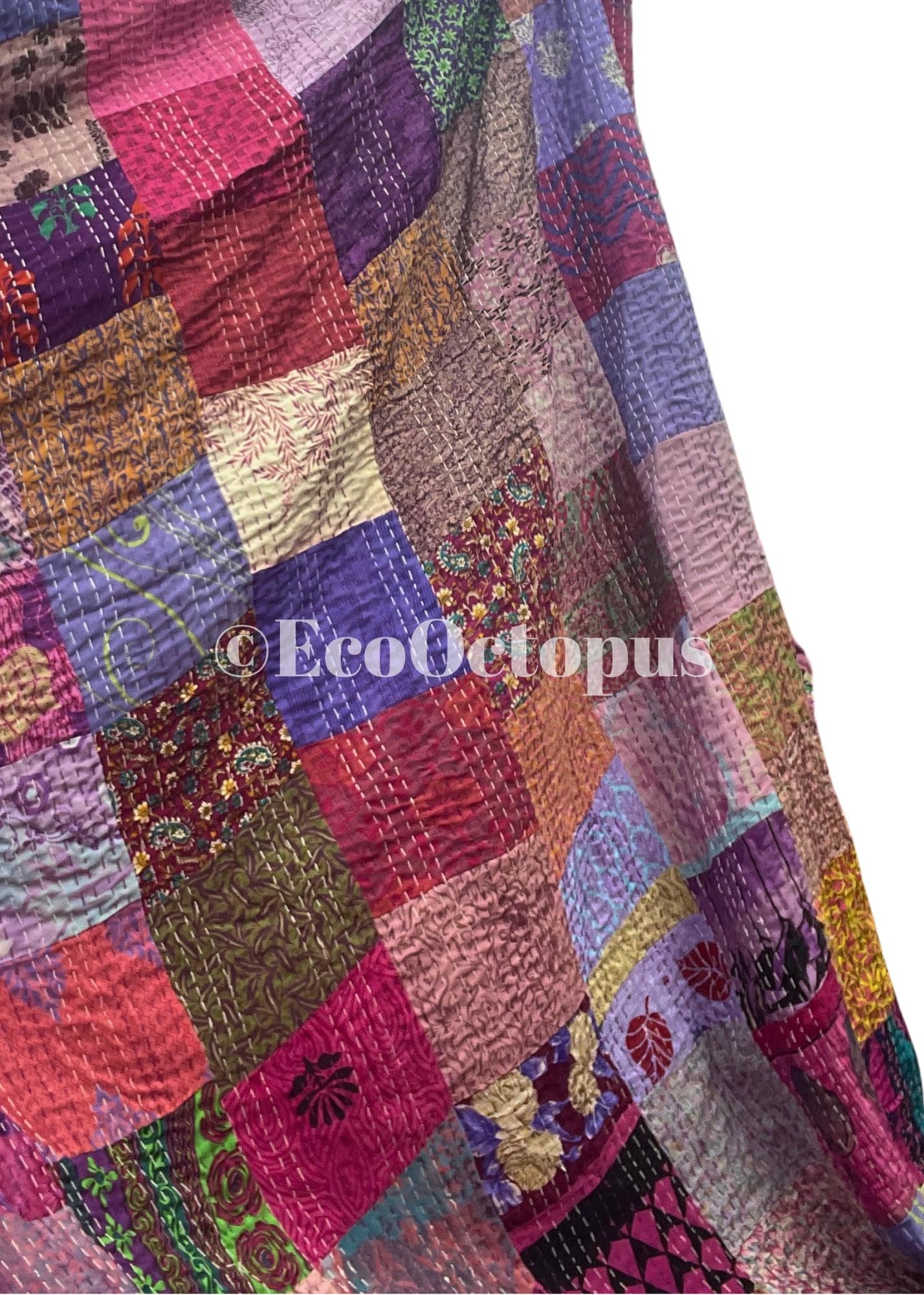 KING SIZE Purple themed bedspread made from vintage fabrics. Stunning patchwork bed throw. Very large bed throw. Large sofa throw.