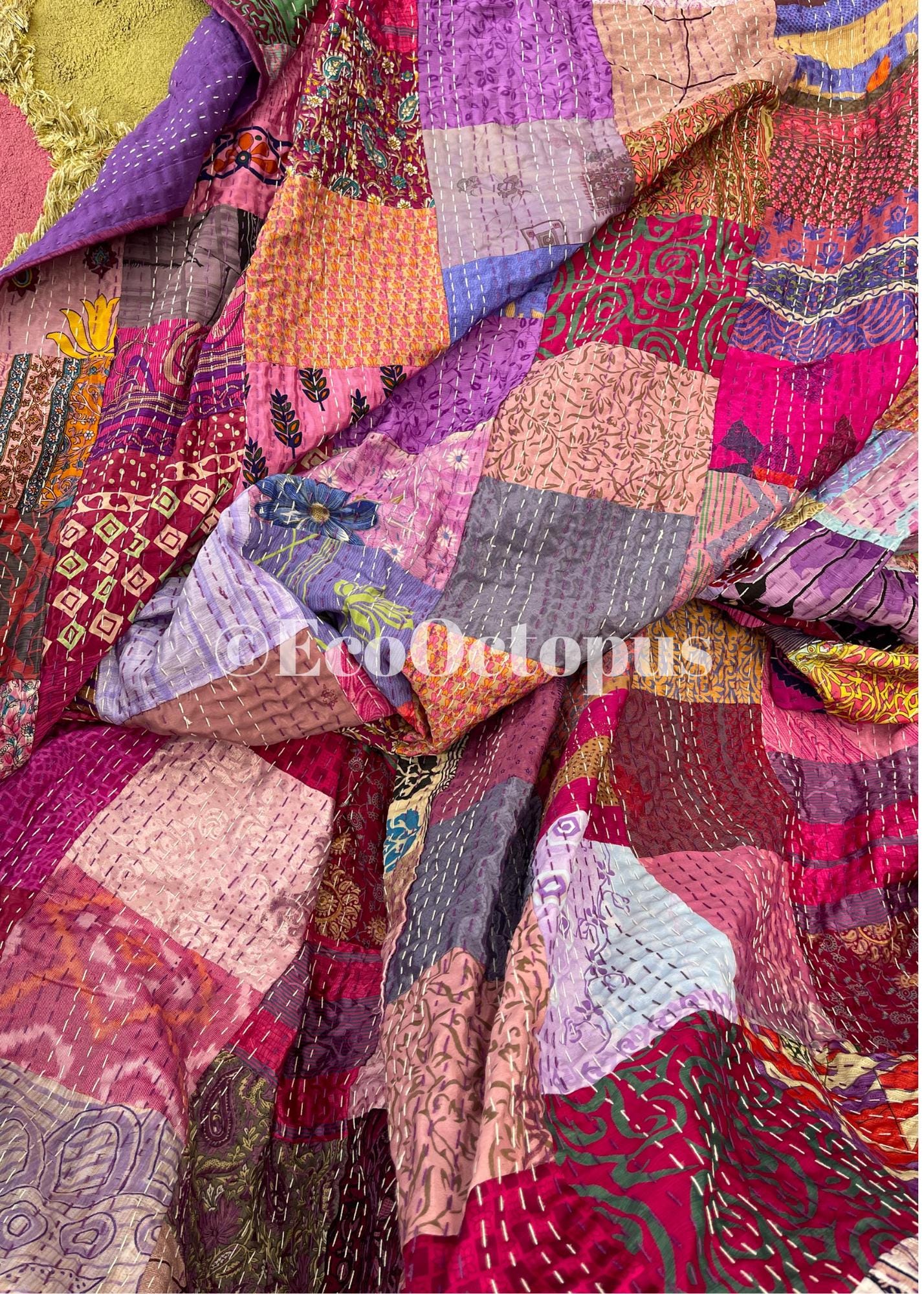 KING SIZE Purple themed bedspread made from vintage fabrics. Stunning patchwork bed throw. Very large bed throw. Large sofa throw.