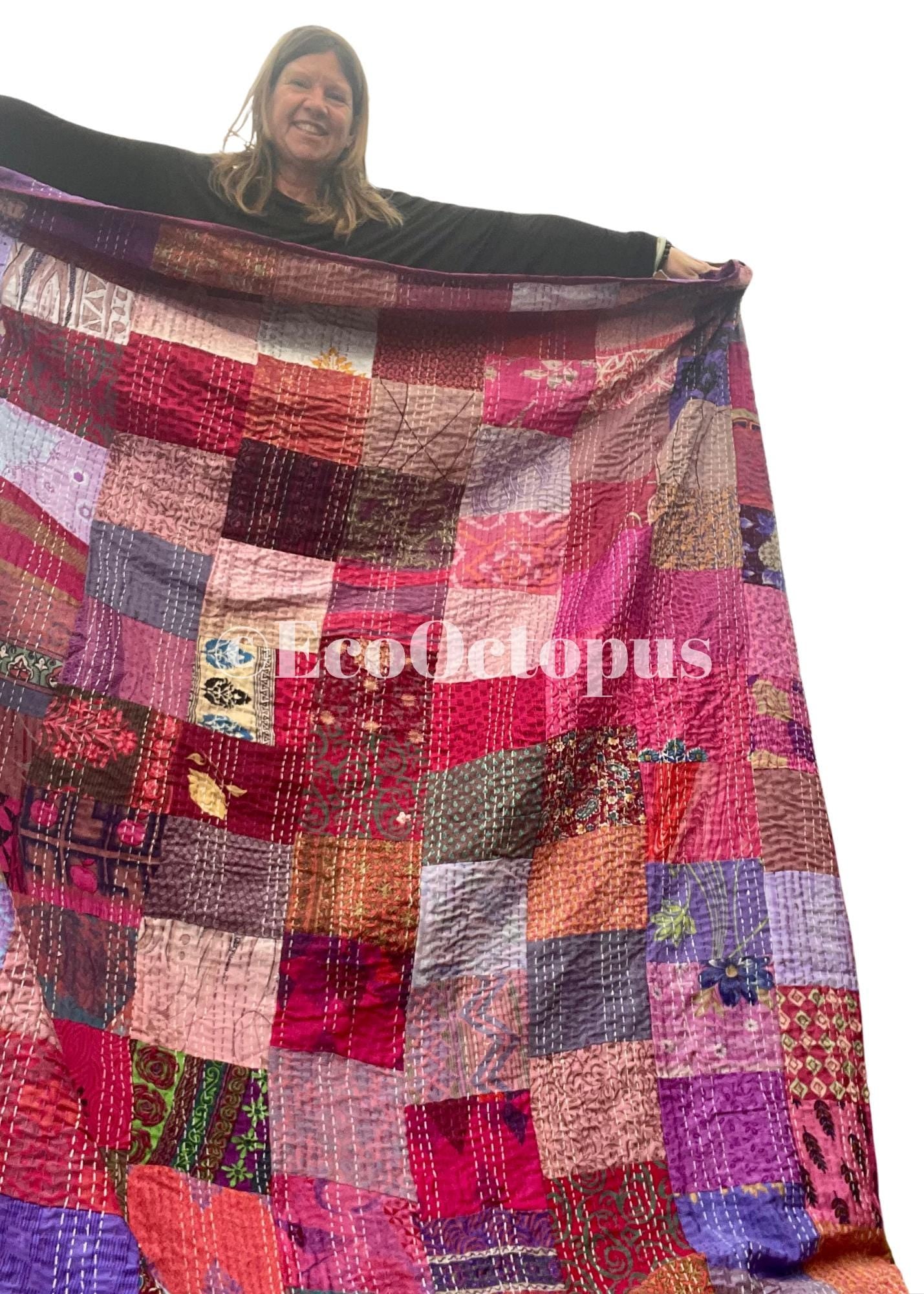 KING SIZE Purple themed bedspread made from vintage fabrics. Stunning patchwork bed throw. Very large bed throw. Large sofa throw.