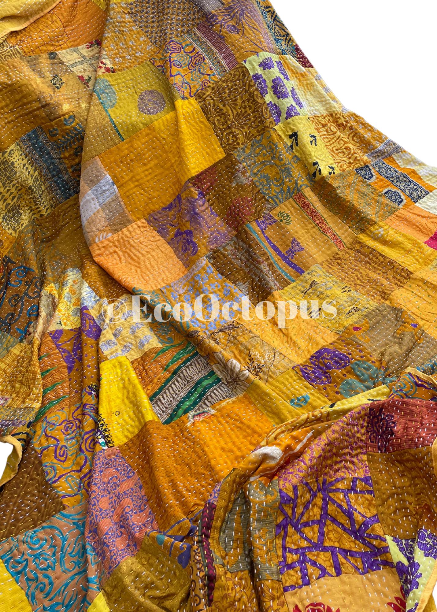KING SIZE yellow bedspread made from vintage fabrics. Stunning patchwork bed throw. Multi- coloured.
