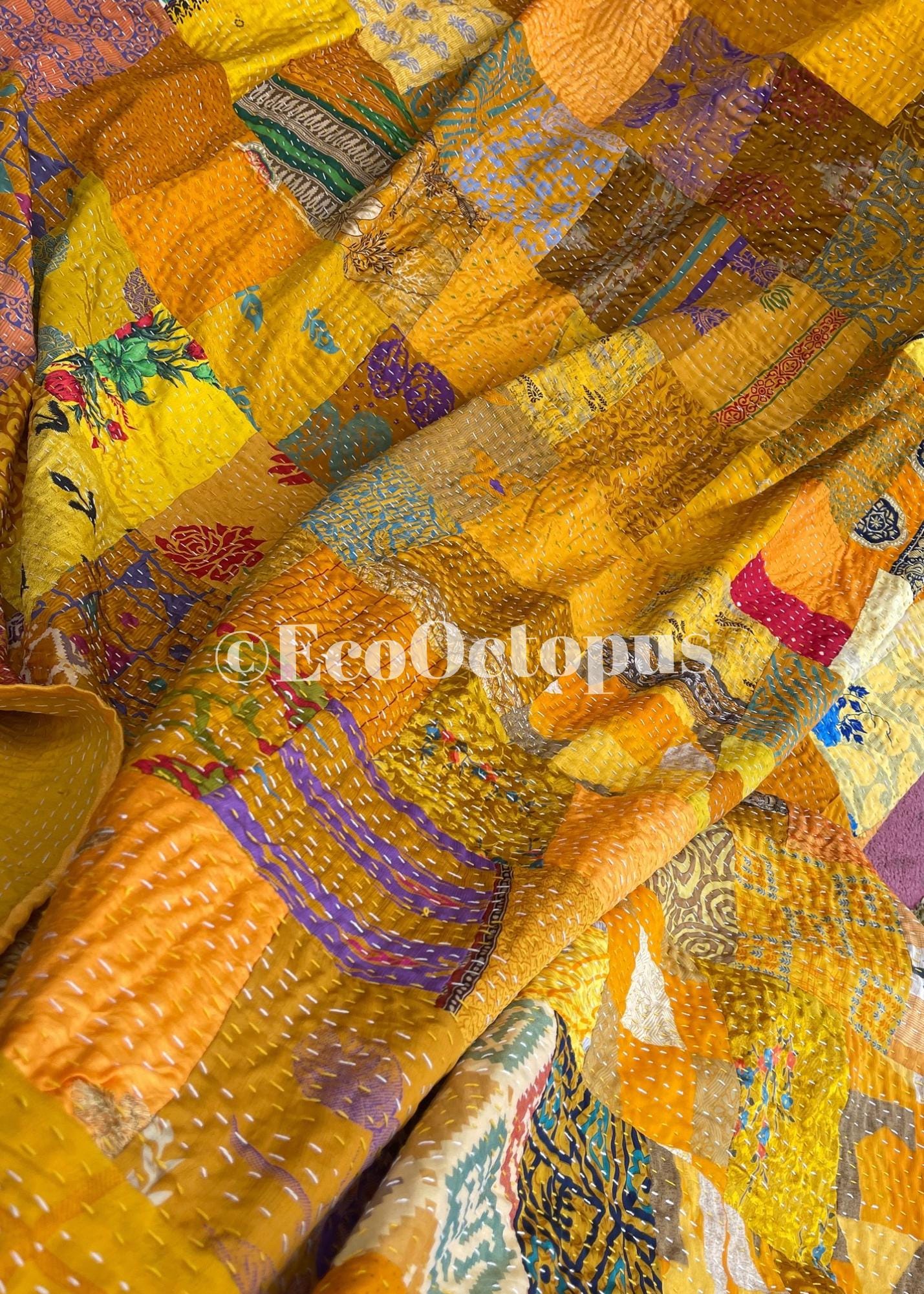 KING SIZE yellow bedspread made from vintage fabrics. Stunning patchwork bed throw. Multi- coloured.