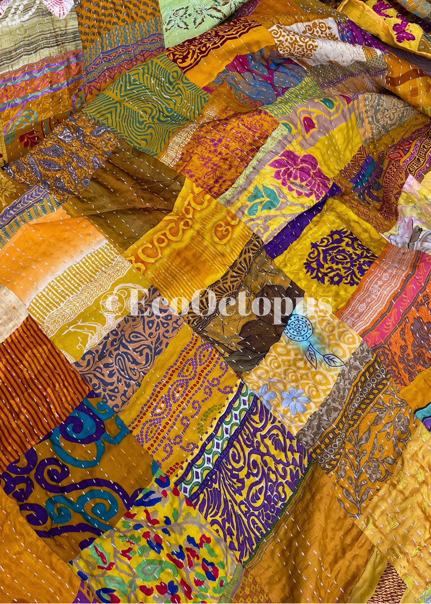 KING SIZE yellow bedspread made from vintage fabrics. Stunning patchwork bed throw. Multi- coloured.