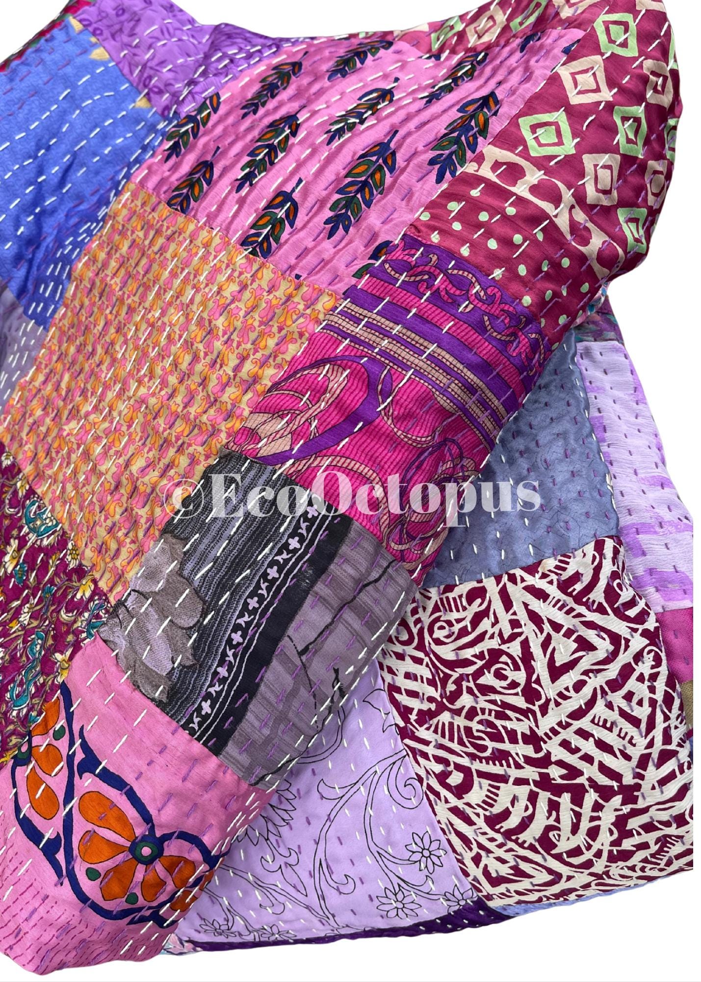 KING SIZE Purple themed bedspread made from vintage fabrics. Stunning patchwork bed throw. Very large bed throw. Large sofa throw.