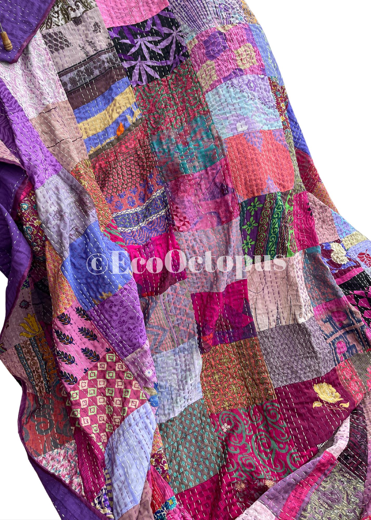 KING SIZE Purple themed bedspread made from vintage fabrics. Stunning patchwork bed throw. Very large bed throw. Large sofa throw.