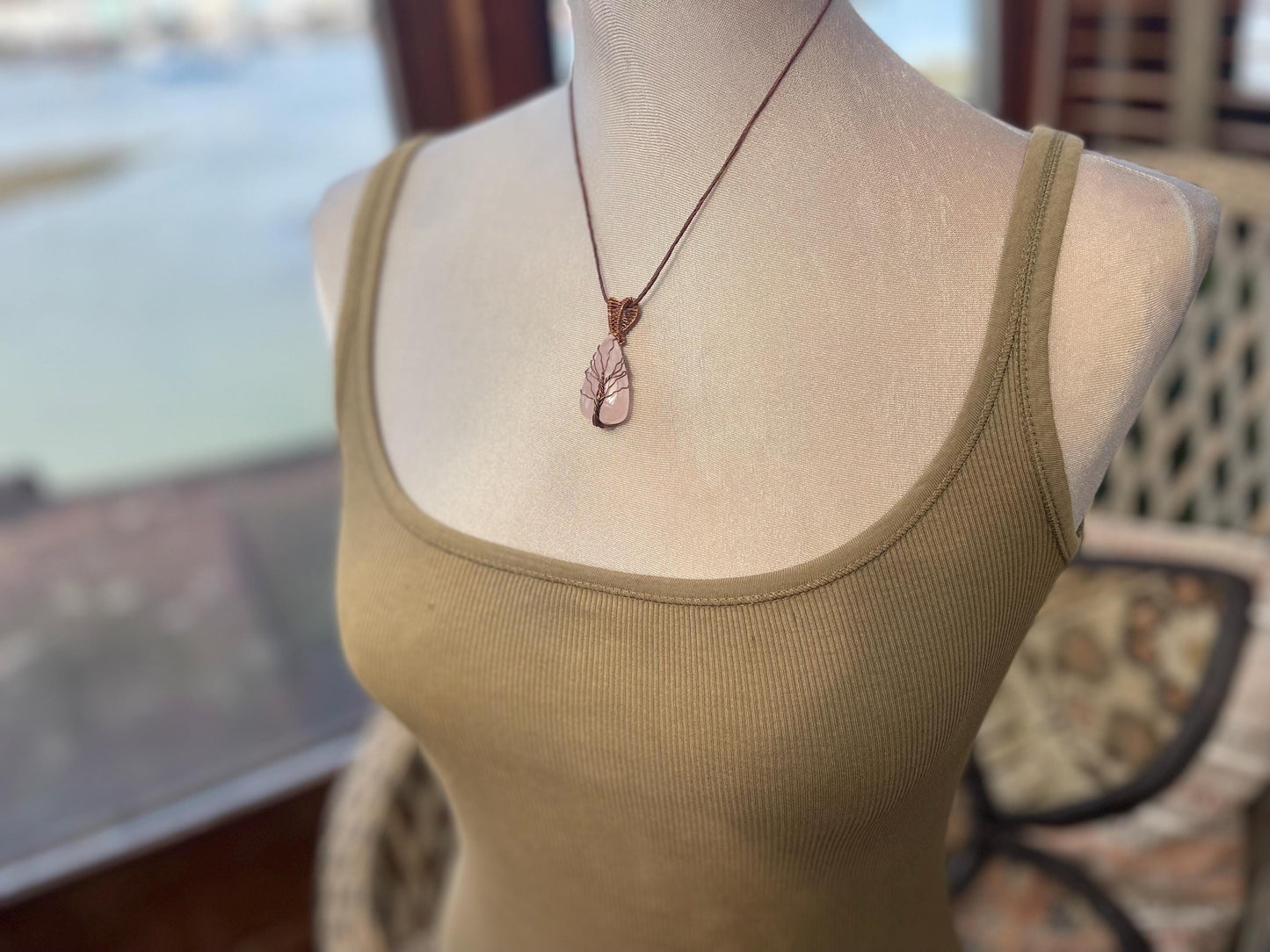 Rose quartz necklace, pink gemstone necklace, tree of life necklace, rose quartz jewellery, tree of life jewellery, handmade necklace