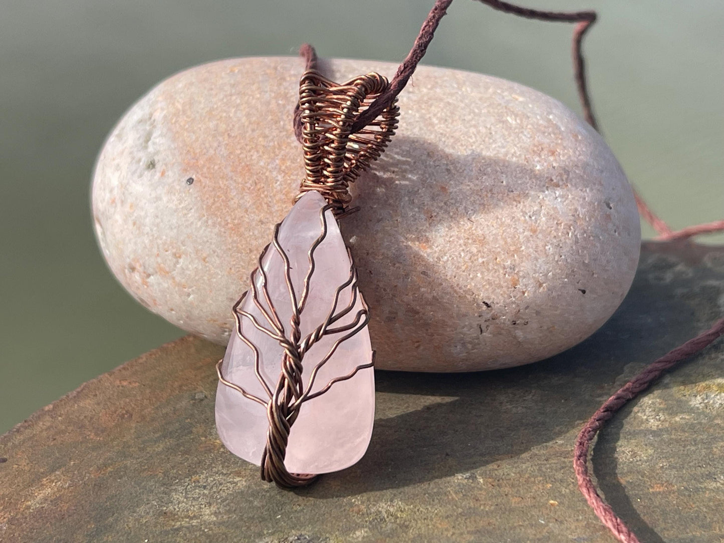 Rose quartz necklace, pink gemstone necklace, tree of life necklace, rose quartz jewellery, tree of life jewellery, handmade necklace