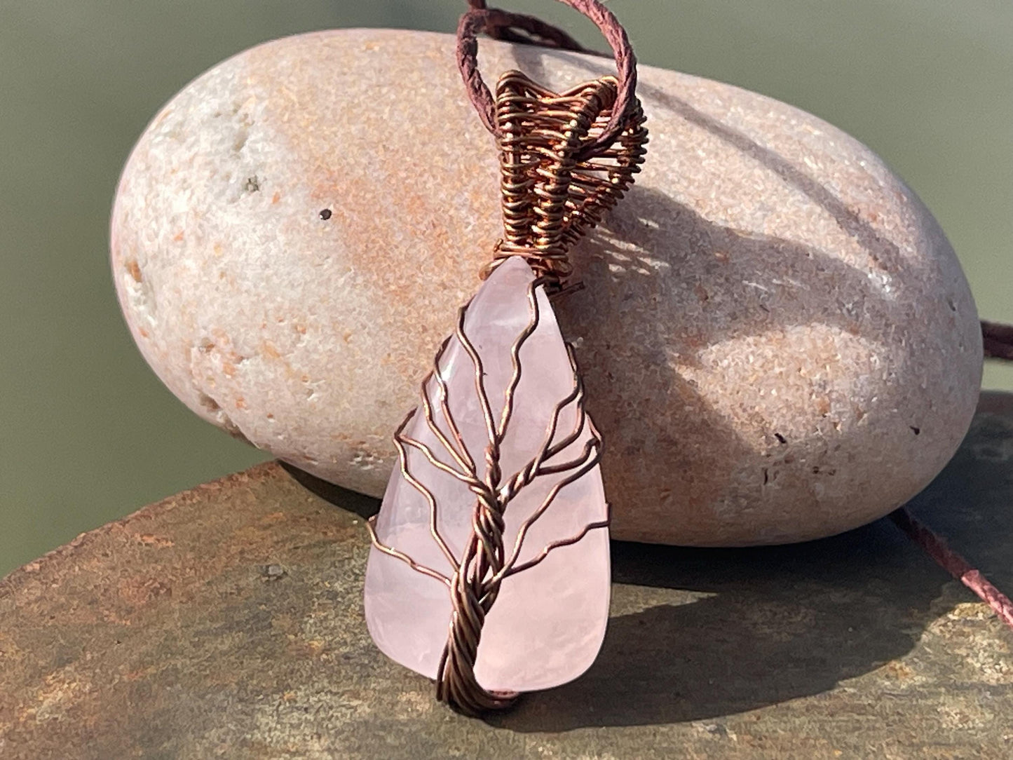 Rose quartz necklace, pink gemstone necklace, tree of life necklace, rose quartz jewellery, tree of life jewellery, handmade necklace