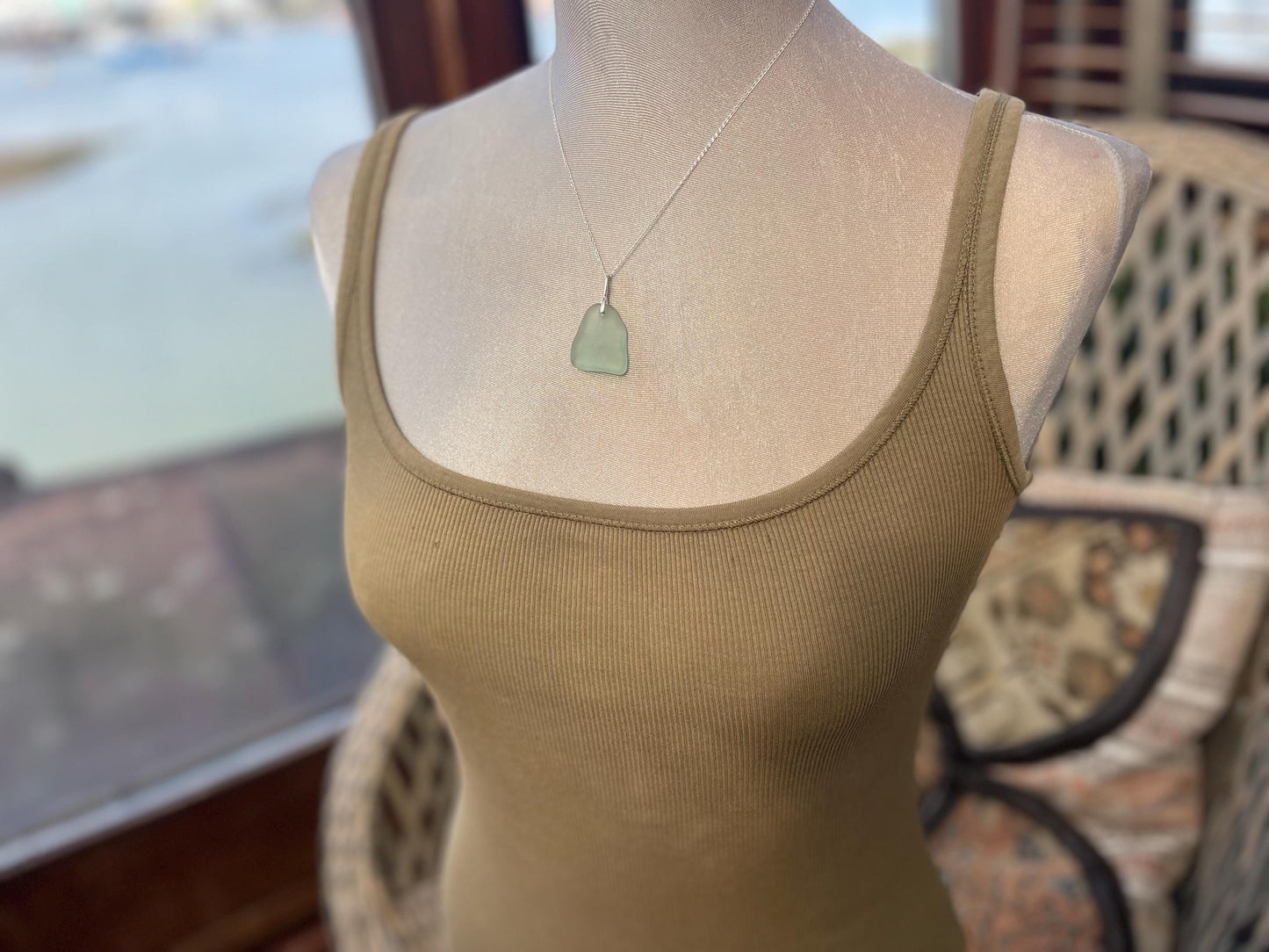 Eco friendly necklace made with sea glass on a recycled sterling silver chain. Ethical jewellery. Handmade eco friendly jewellery.