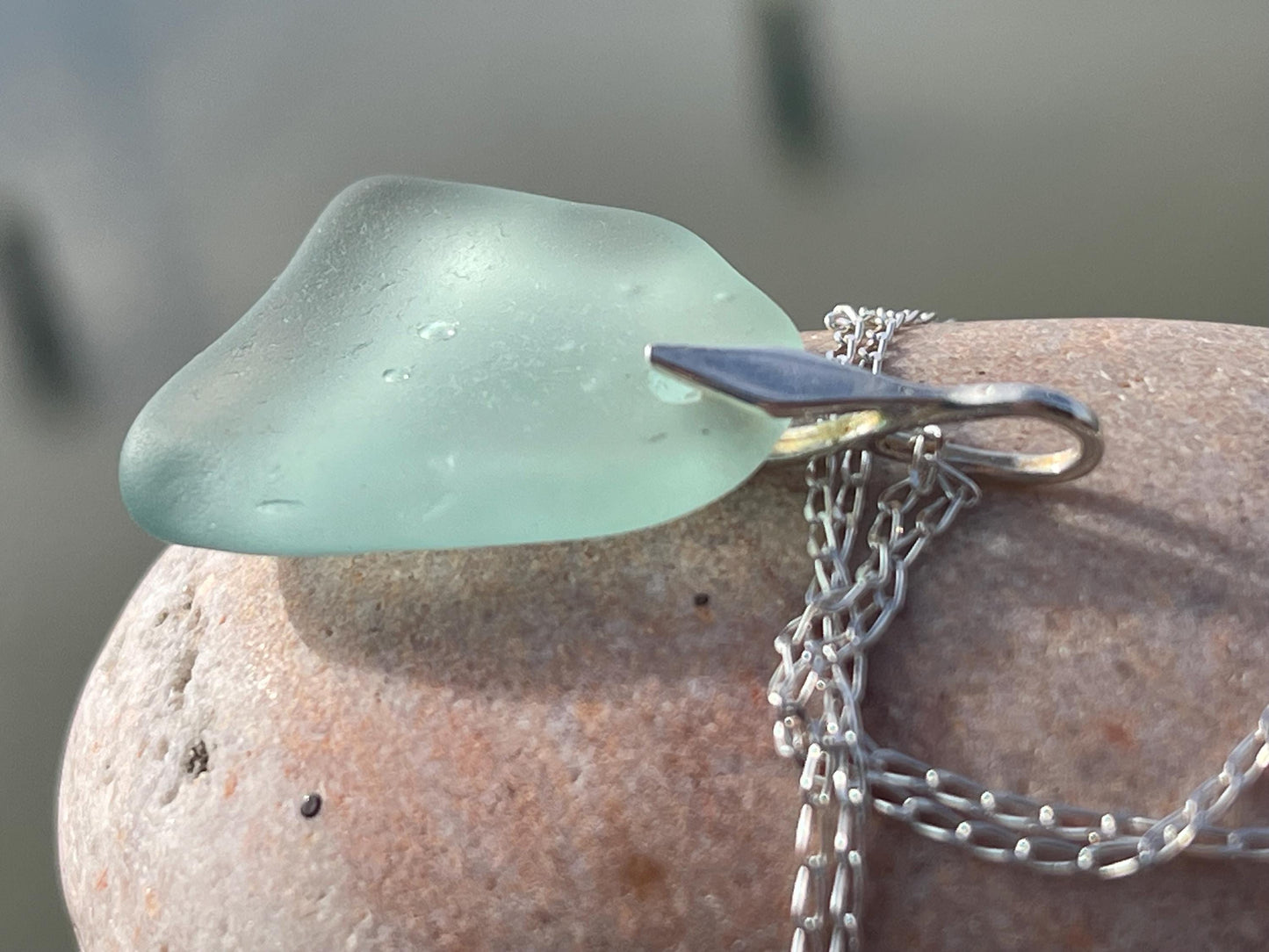 Eco friendly necklace made with sea glass on a recycled sterling silver chain. Ethical jewellery. Handmade eco friendly jewellery.