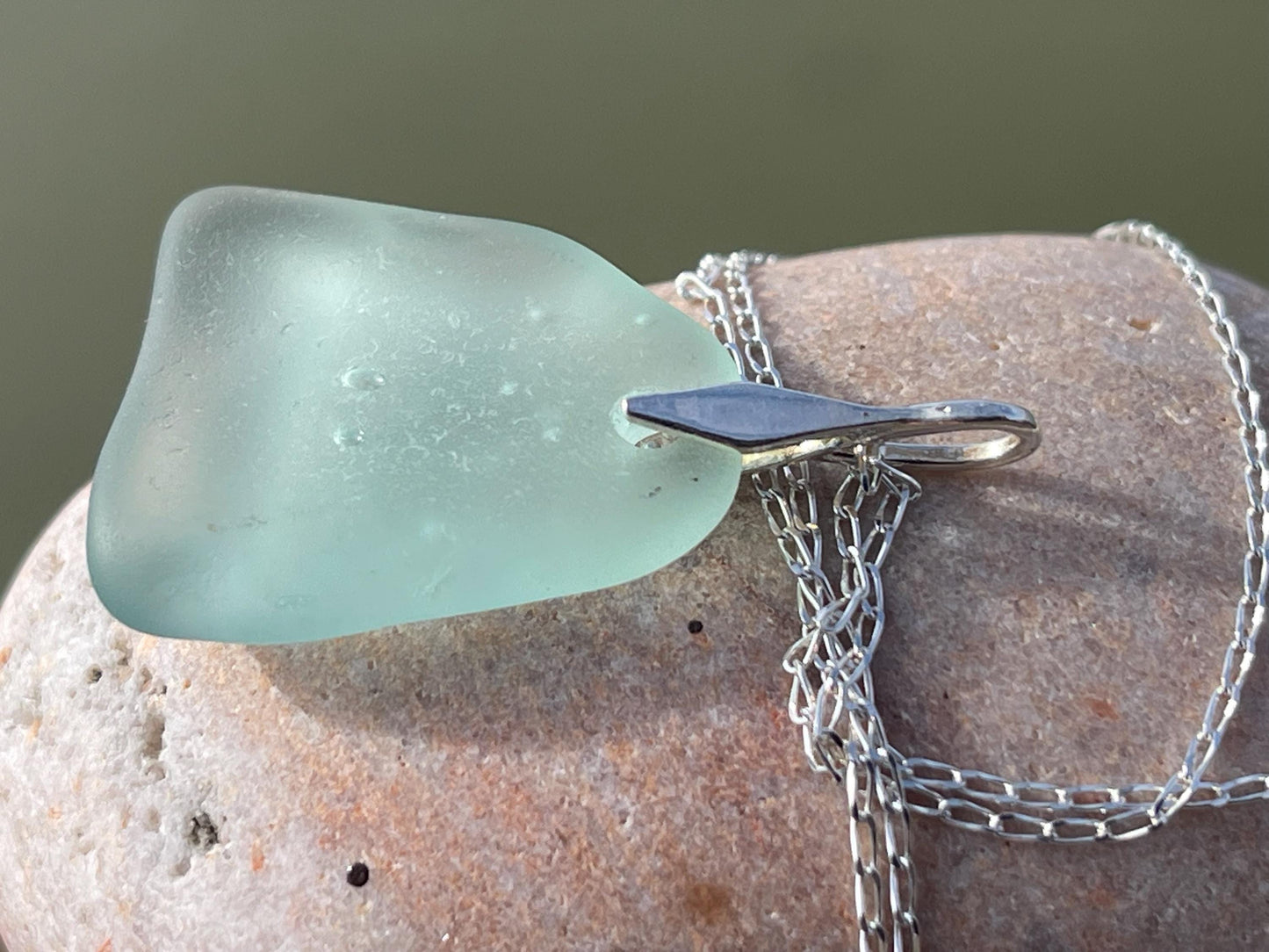 Eco friendly necklace made with sea glass on a recycled sterling silver chain. Ethical jewellery. Handmade eco friendly jewellery.