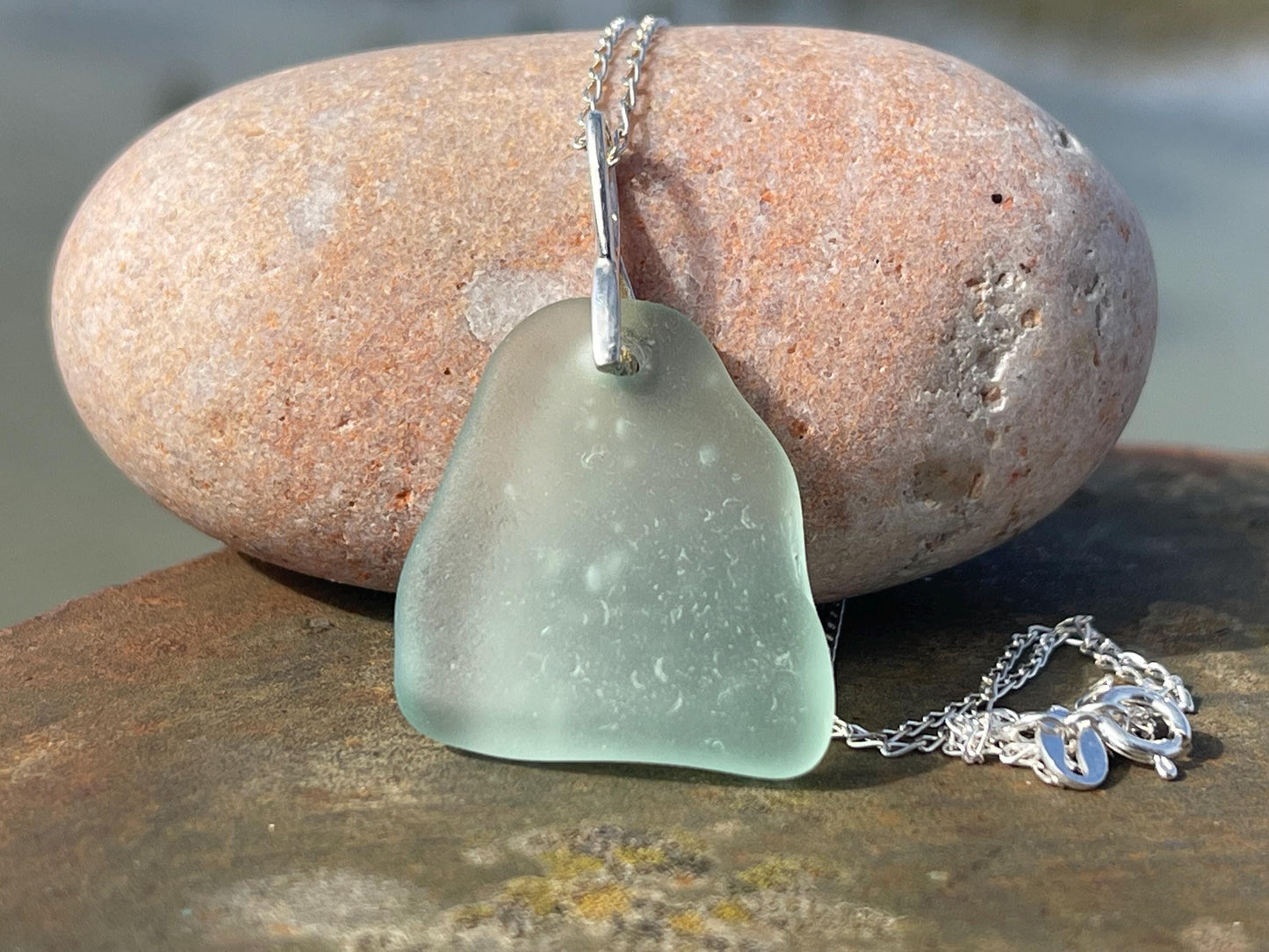 Eco friendly necklace made with sea glass on a recycled sterling silver chain. Ethical jewellery. Handmade eco friendly jewellery.