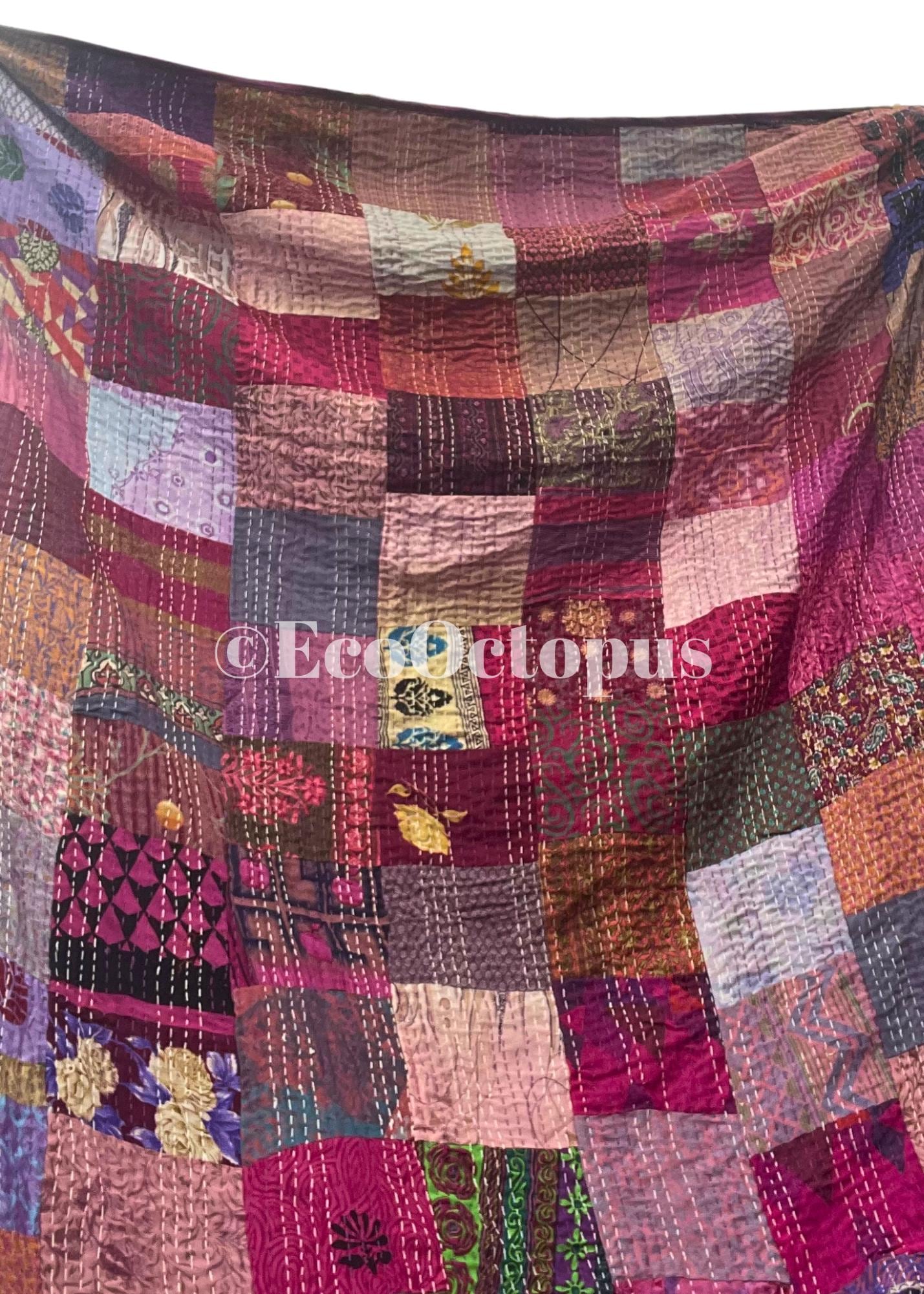 KING SIZE Purple themed bedspread made from vintage fabrics. Stunning patchwork bed throw. Very large bed throw. Large sofa throw.