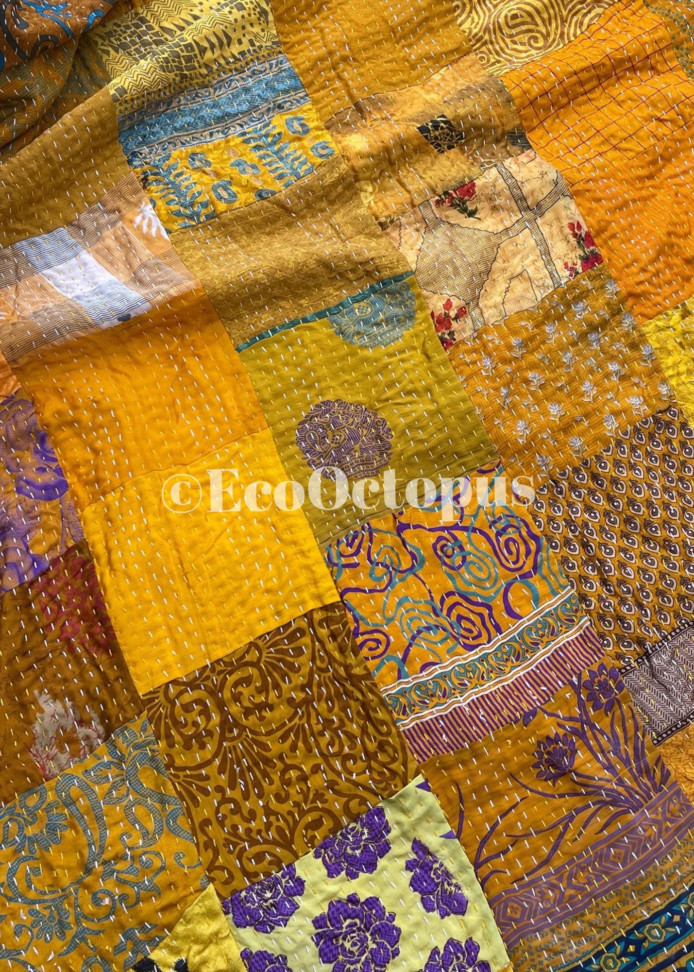 KING SIZE yellow bedspread made from vintage fabrics. Stunning patchwork bed throw. Multi- coloured.