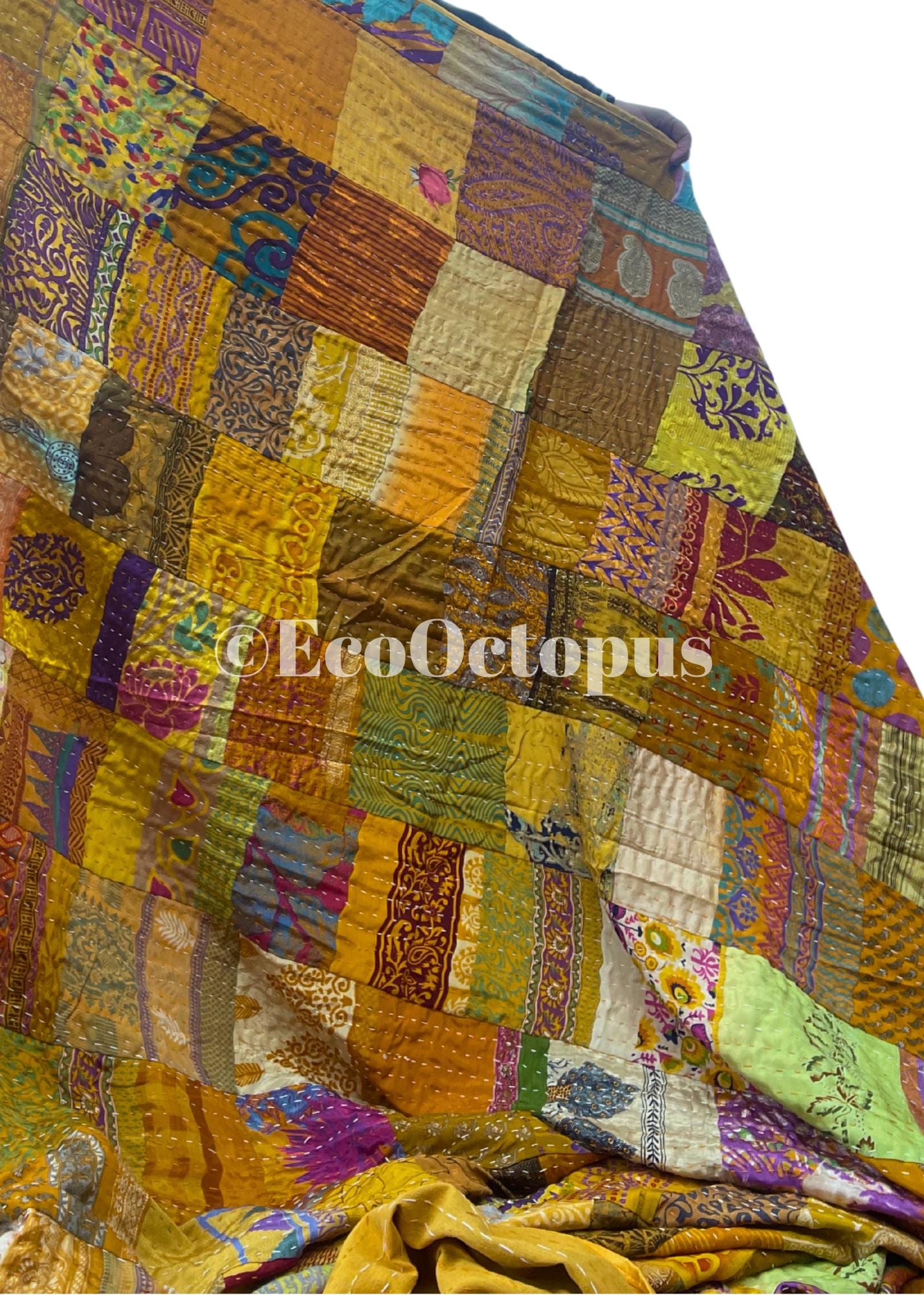 KING SIZE yellow bedspread made from vintage fabrics. Stunning patchwork bed throw. Multi- coloured.
