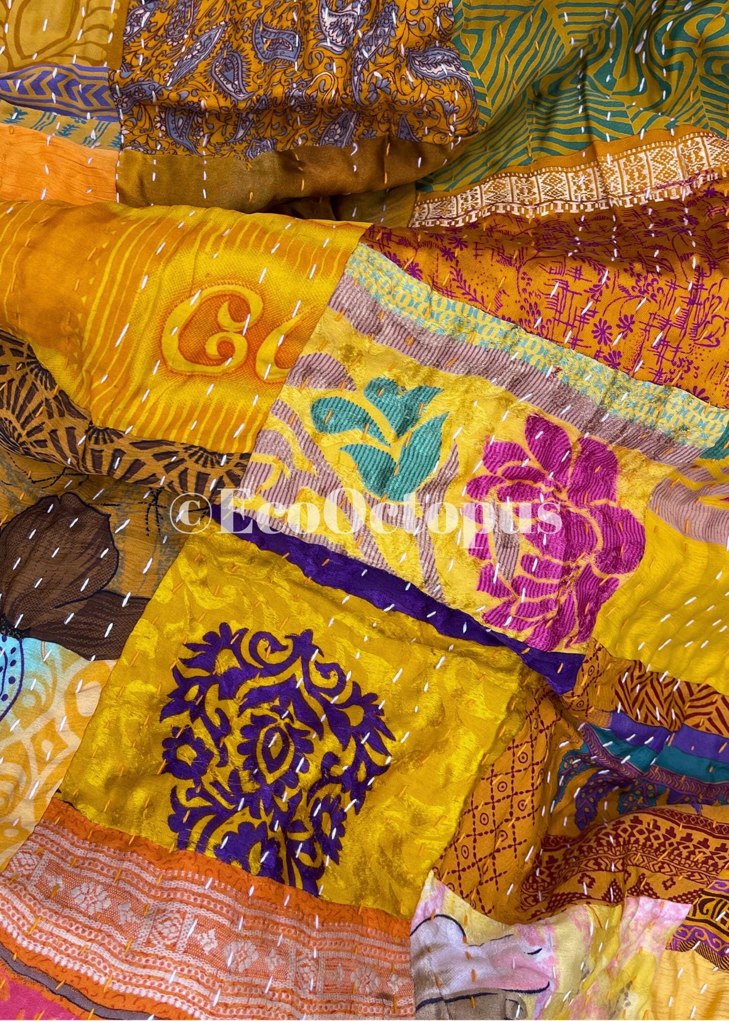 KING SIZE yellow bedspread made from vintage fabrics. Stunning patchwork bed throw. Multi- coloured.