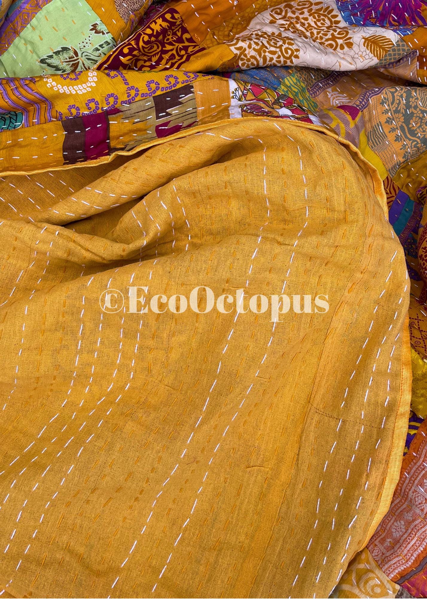 KING SIZE yellow bedspread made from vintage fabrics. Stunning patchwork bed throw. Multi- coloured.