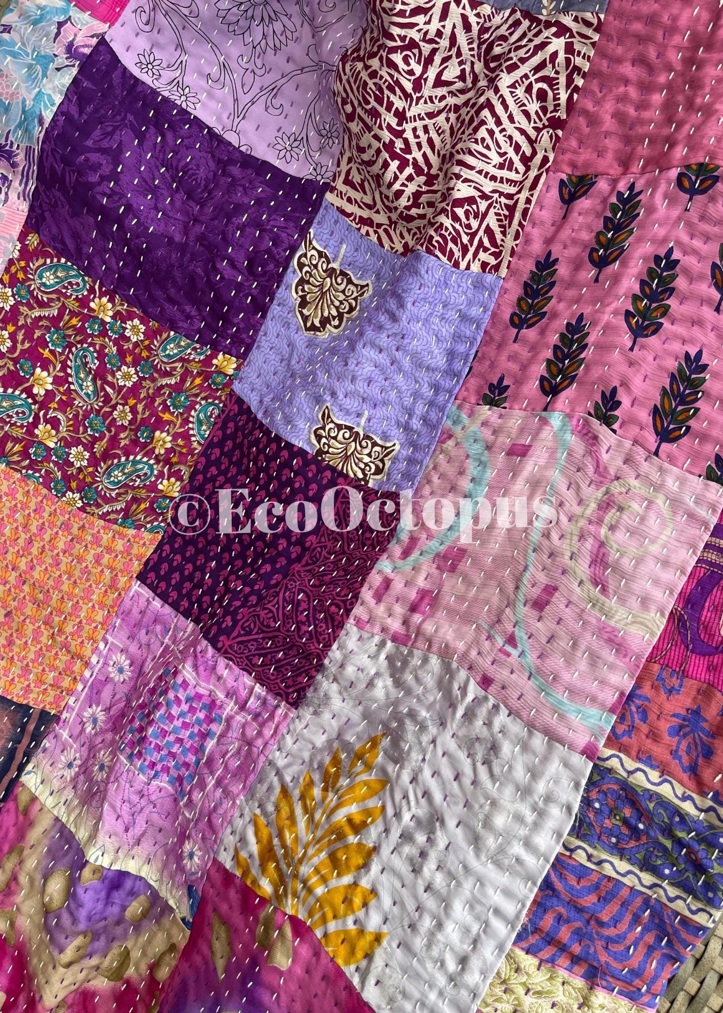 KING SIZE Purple themed bedspread made from vintage fabrics. Stunning patchwork bed throw. Very large bed throw. Large sofa throw.