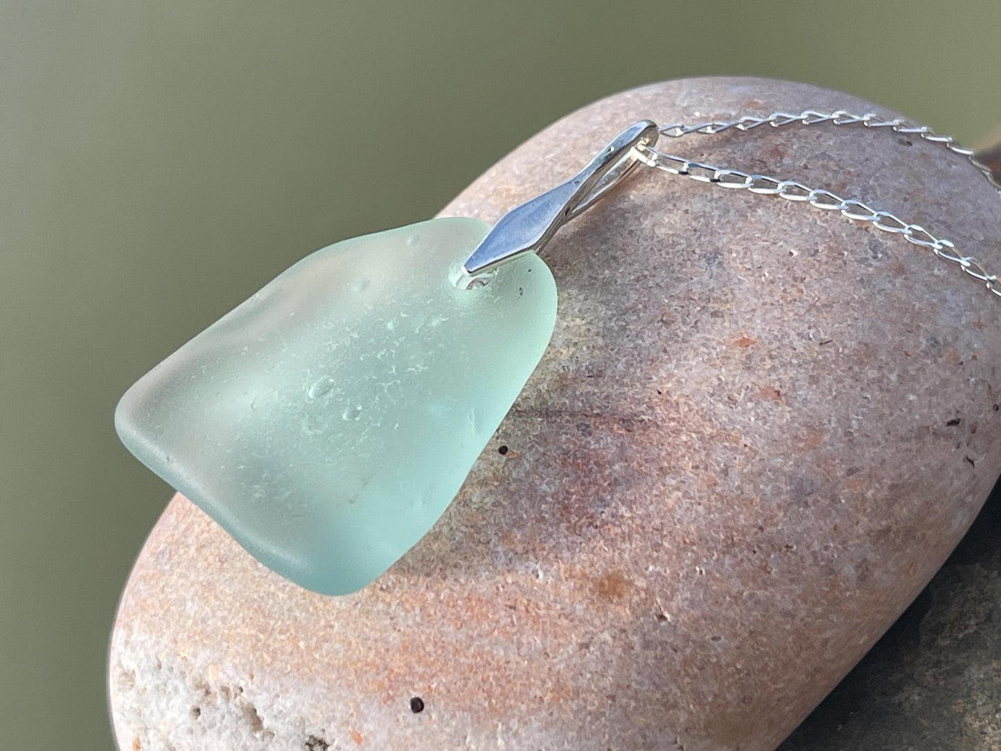 Eco friendly necklace made with sea glass on a recycled sterling silver chain. Ethical jewellery. Handmade eco friendly jewellery.
