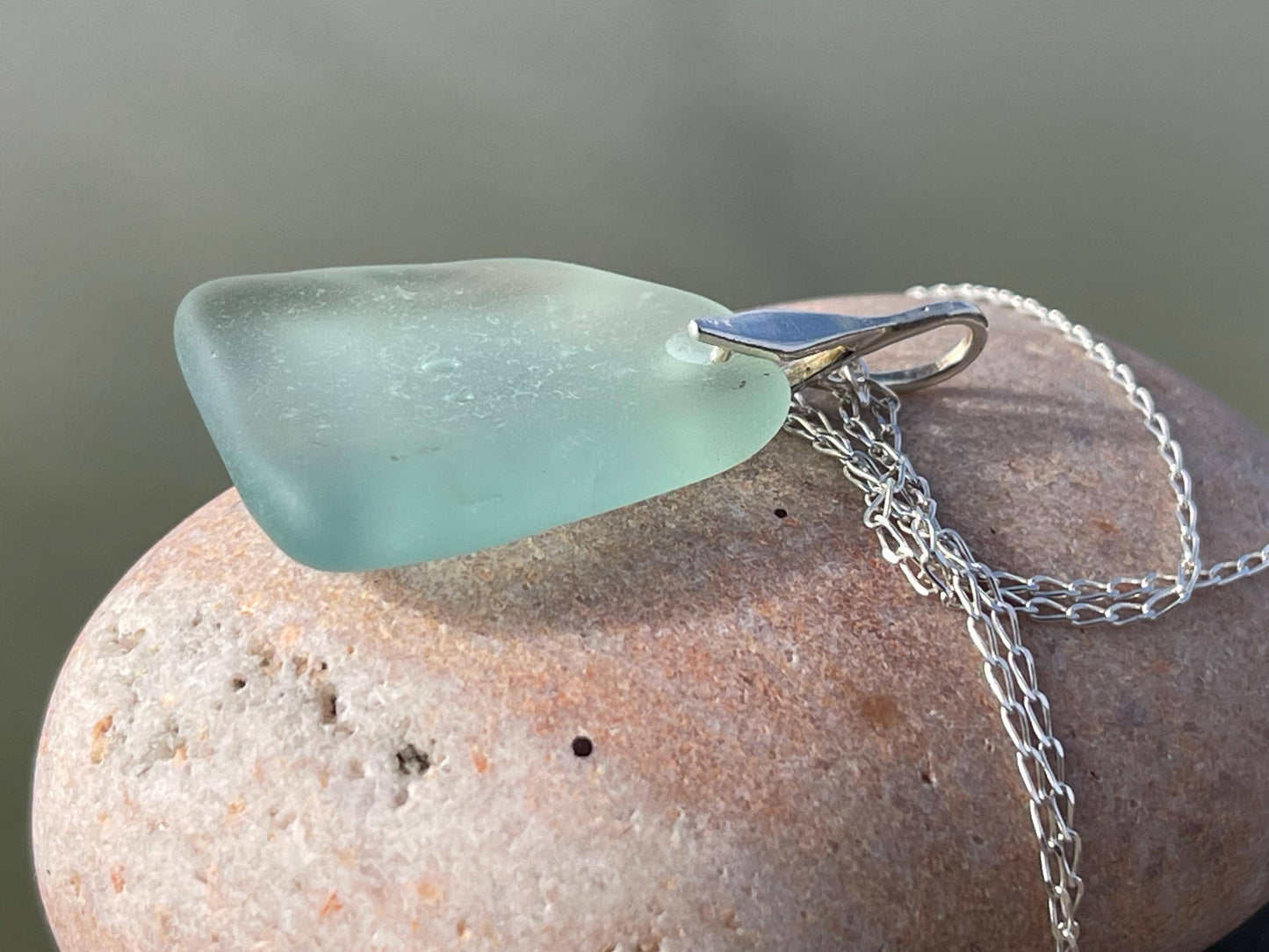 Eco friendly necklace made with sea glass on a recycled sterling silver chain. Ethical jewellery. Handmade eco friendly jewellery.