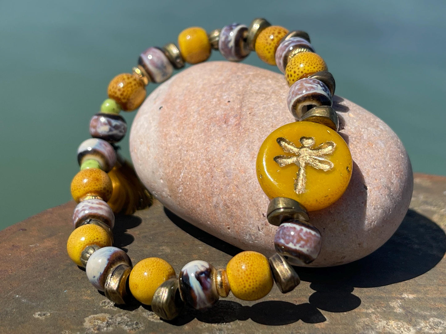 Dragonfly bracelet, boho jewellery, unique gift for her, handmade glass bracelet, dragonfly jewellery, orange bracelet, yellow bracelet