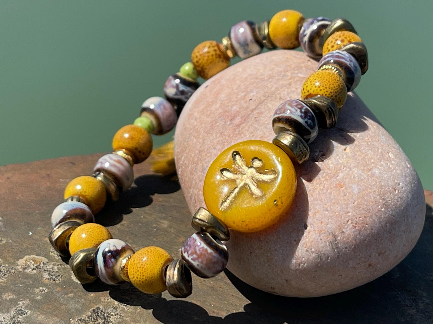 Dragonfly bracelet, boho jewellery, unique gift for her, handmade glass bracelet, dragonfly jewellery, orange bracelet, yellow bracelet