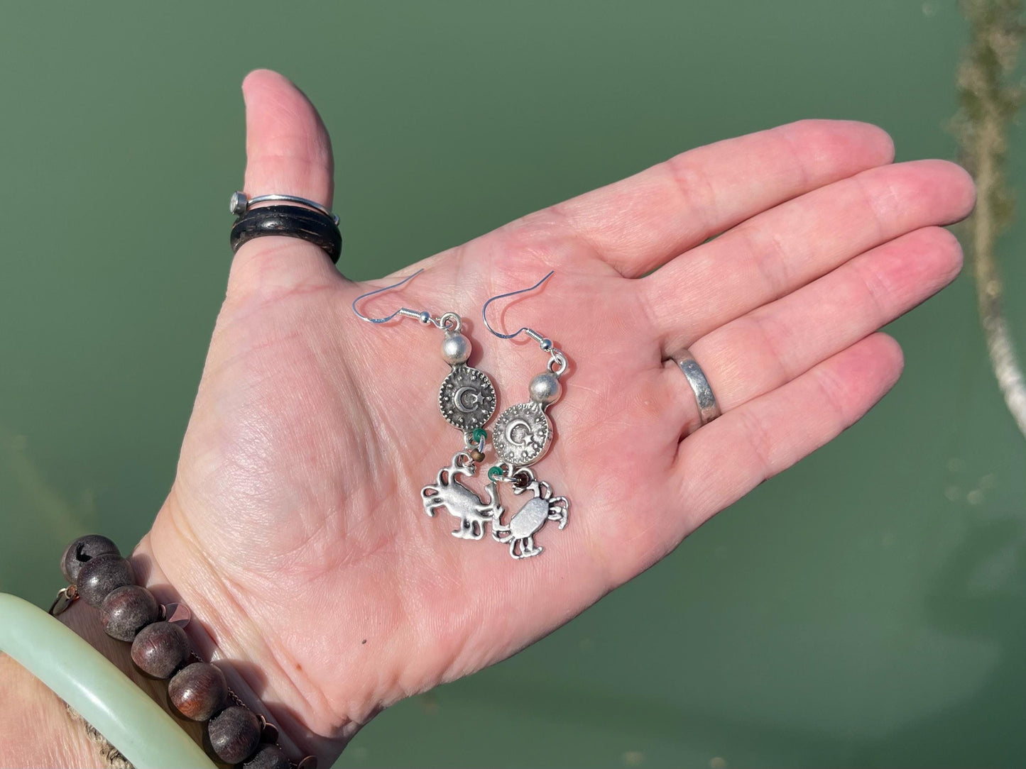 Crab earrings. May birthday. Zodiac crab earrings. Cancer star sign jewellery. Crab and mob earrings. moon jewellery. Seaside jewellery.