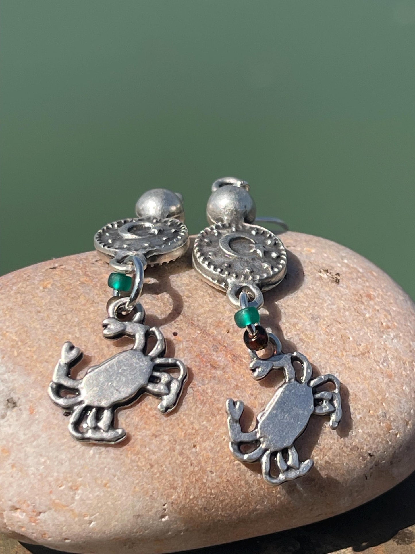 Crab earrings. May birthday. Zodiac crab earrings. Cancer star sign jewellery. Crab and mob earrings. moon jewellery. Seaside jewellery.