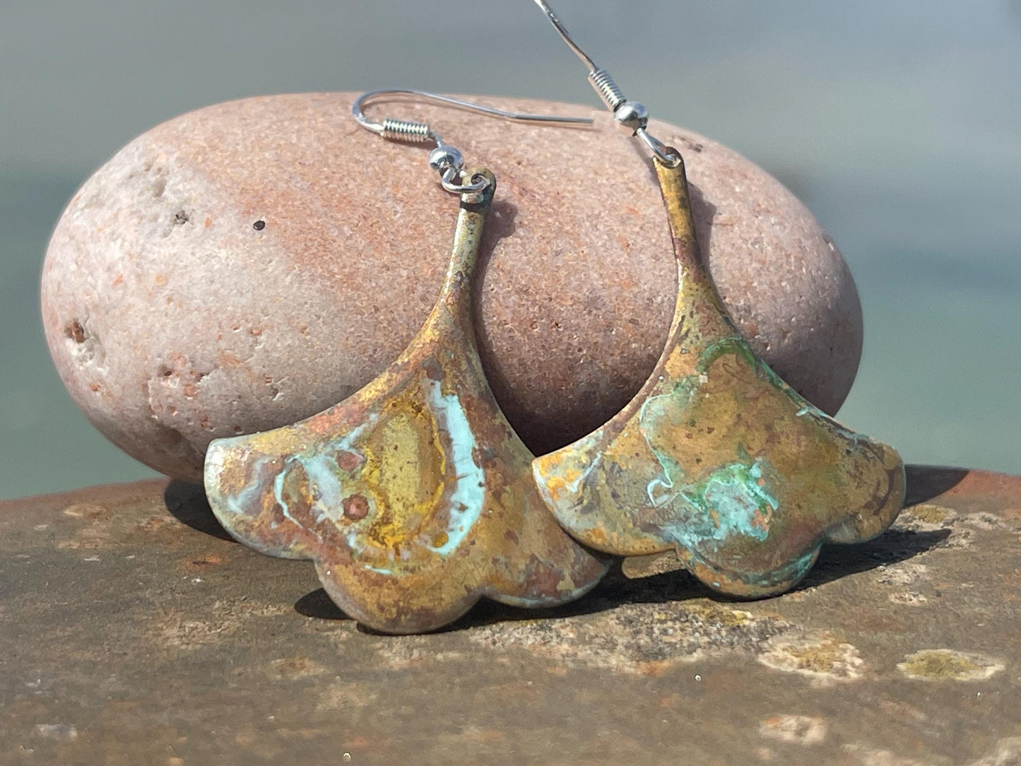 Handmade patina earrings. Rustic earrings, unusual earrings, unusual gift for her, blue earrings, boho earrings, large statement earrings.