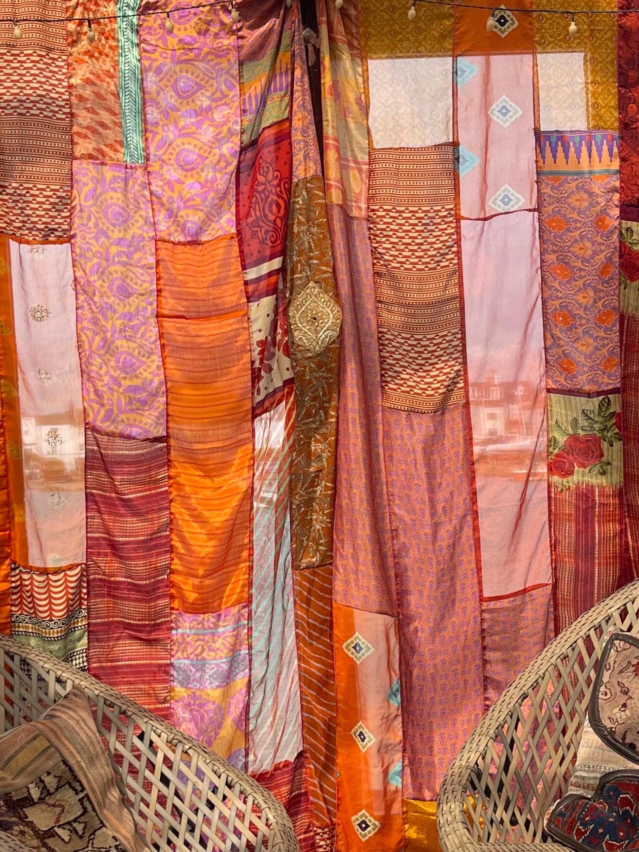 Handmade orange curtains, Recycled Vintage Curtains, Boho Style, Ethical Furnishings, Romantic Gift, Unique Home decor, eco friendly curtain