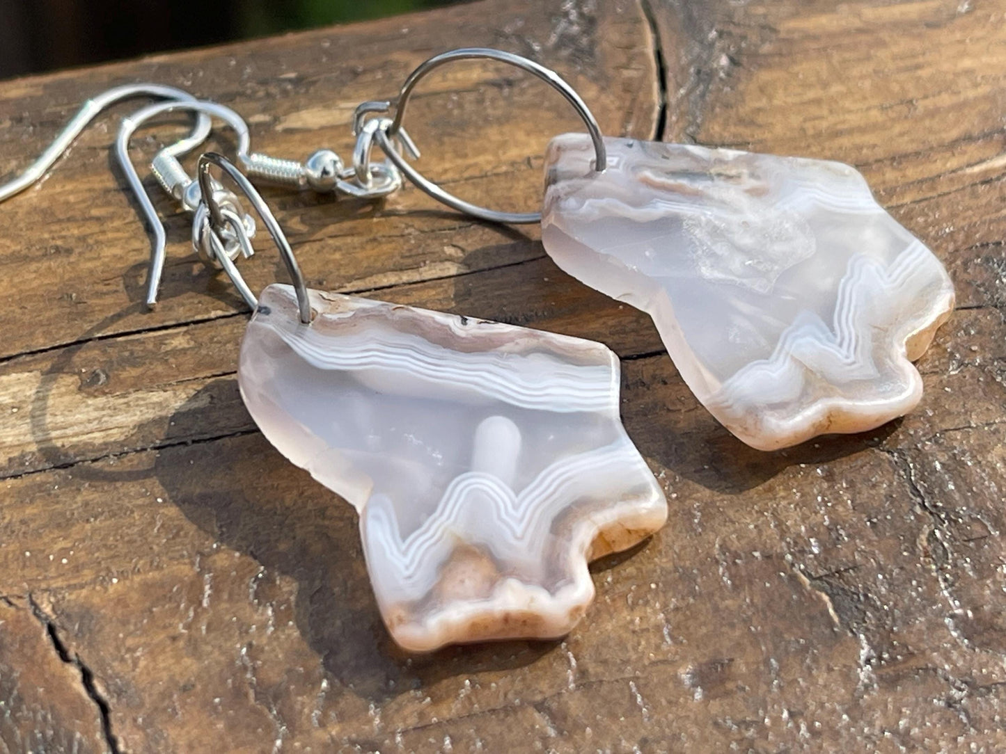 Agate gemstone earrings on recycled sterling silver. Handmade white earrings. Ethical jewellery, boho jewellery. Unique earrings.