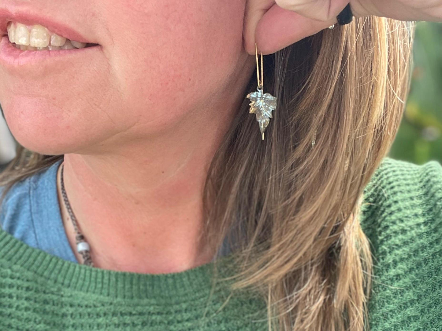 Handmade leaf earrings. Rustic earrings, unusual earrings, unusual gift for her, blue earrings, boho earrings, heart jewellery, hippy gift