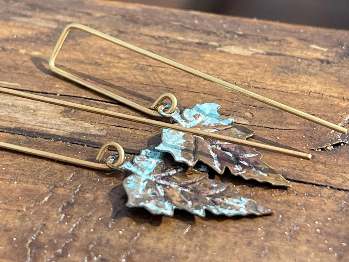 Handmade leaf earrings. Rustic earrings, unusual earrings, unusual gift for her, blue earrings, boho earrings, heart jewellery, hippy gift