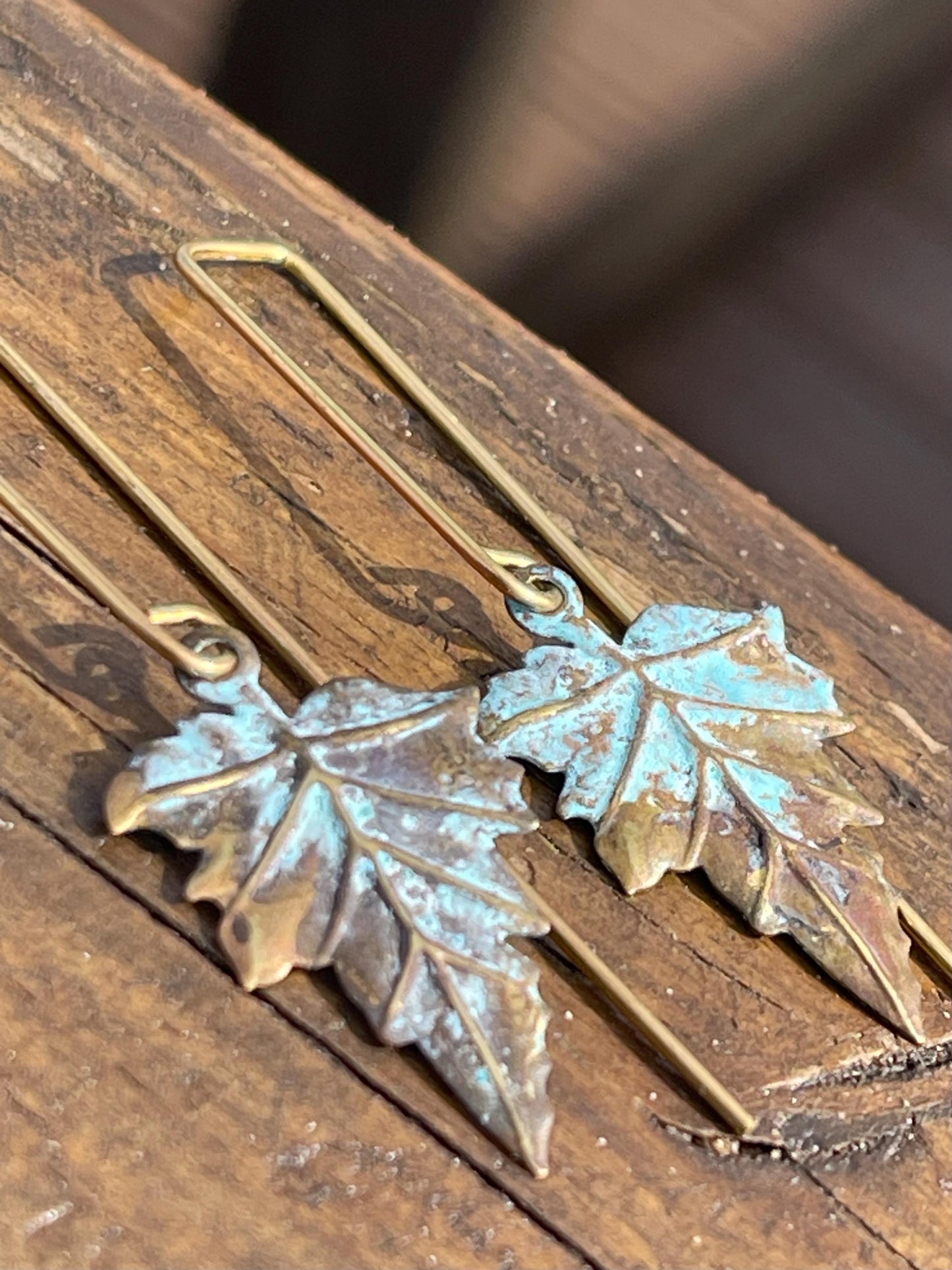Handmade leaf earrings. Rustic earrings, unusual earrings, unusual gift for her, blue earrings, boho earrings, heart jewellery, hippy gift