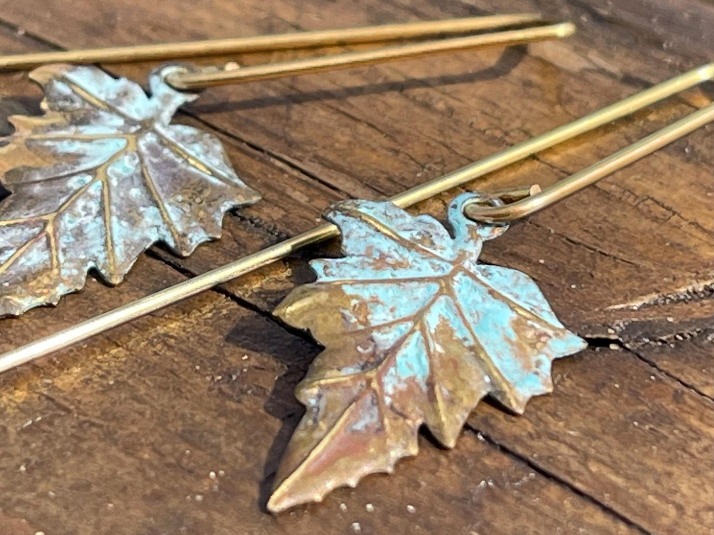 Handmade leaf earrings. Rustic earrings, unusual earrings, unusual gift for her, blue earrings, boho earrings, heart jewellery, hippy gift
