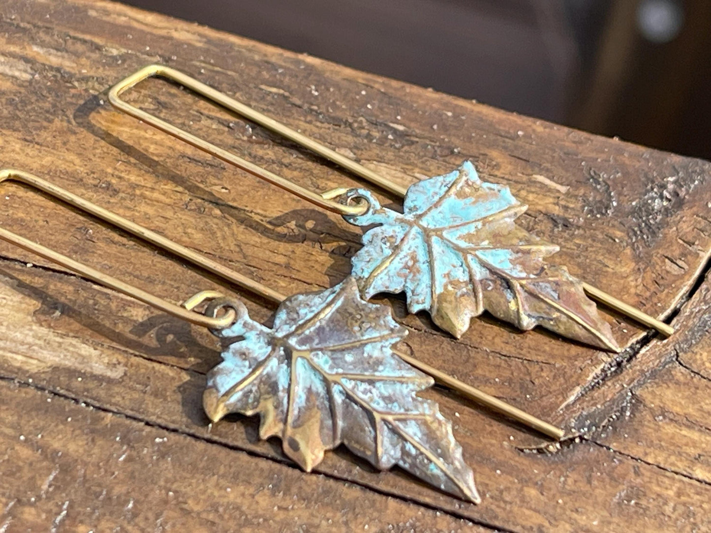 Handmade leaf earrings. Rustic earrings, unusual earrings, unusual gift for her, blue earrings, boho earrings, heart jewellery, hippy gift