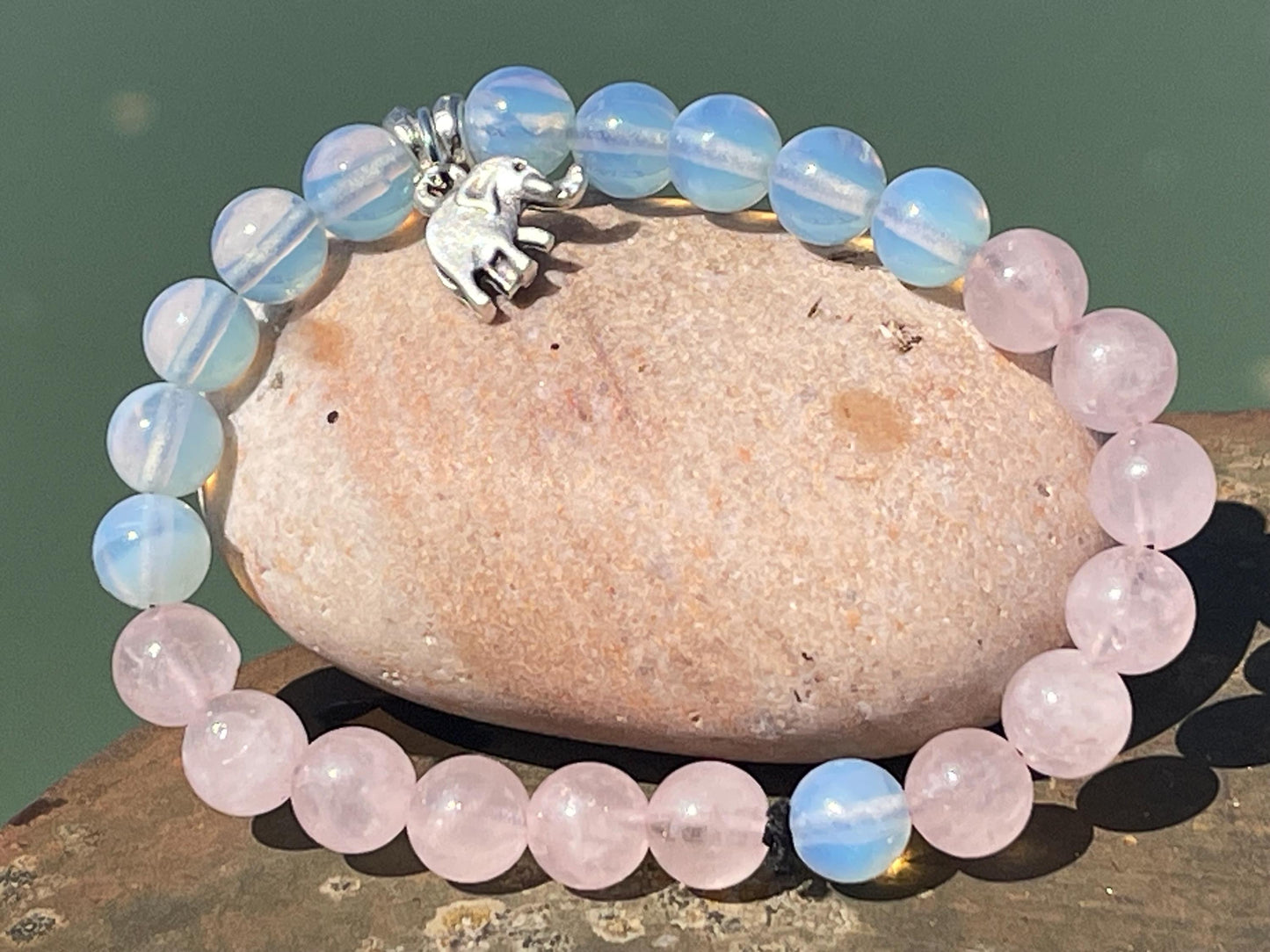 Elephant bracelet, elephant jewellery, boho bracelet made from rose quartz and opalote gemstones. Unusual boho jewellery. Elephant bangle.