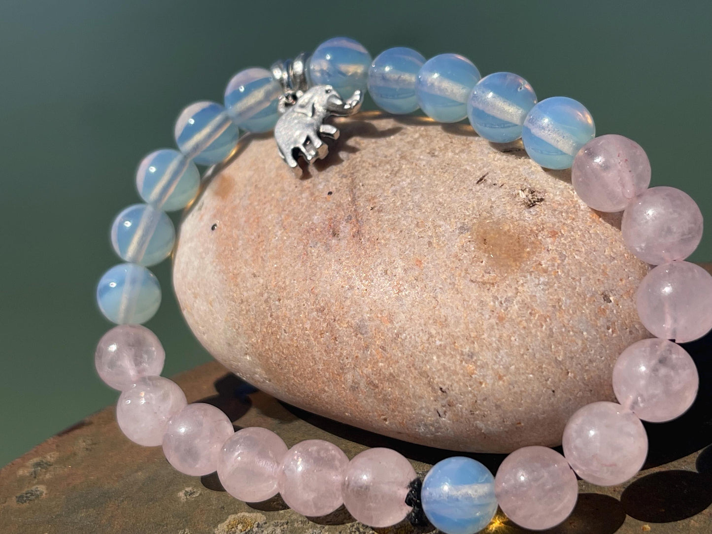 Elephant bracelet, elephant jewellery, boho bracelet made from rose quartz and opalote gemstones. Unusual boho jewellery. Elephant bangle.